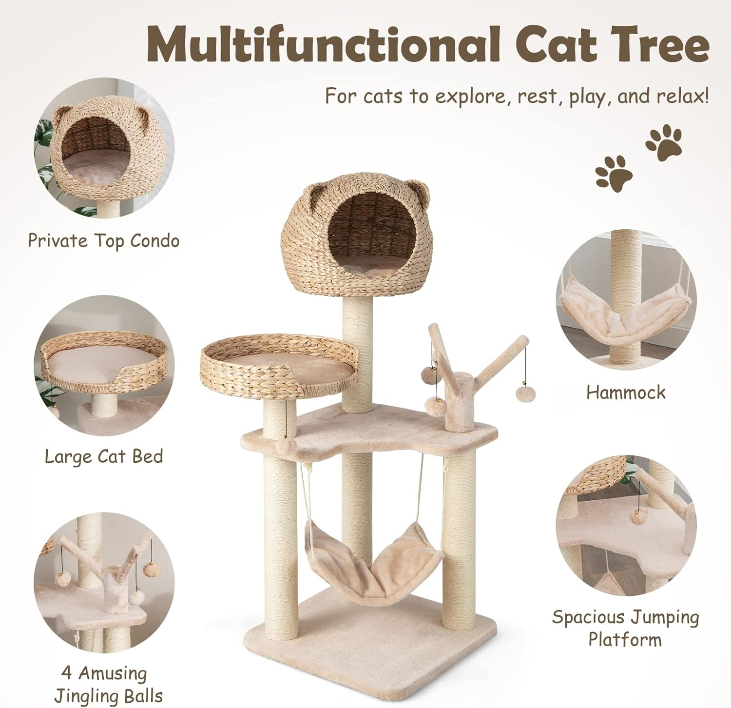 Giantex Wooden Cat Tree, 48 Inches Cat Tower with Cattail Condo, Cat Bed, Hammock, Rotatable Jingling Balls, Natural Sisal Scratching Posts, Removable Cushion, Multi-Level Kitten Activity Center image number 6