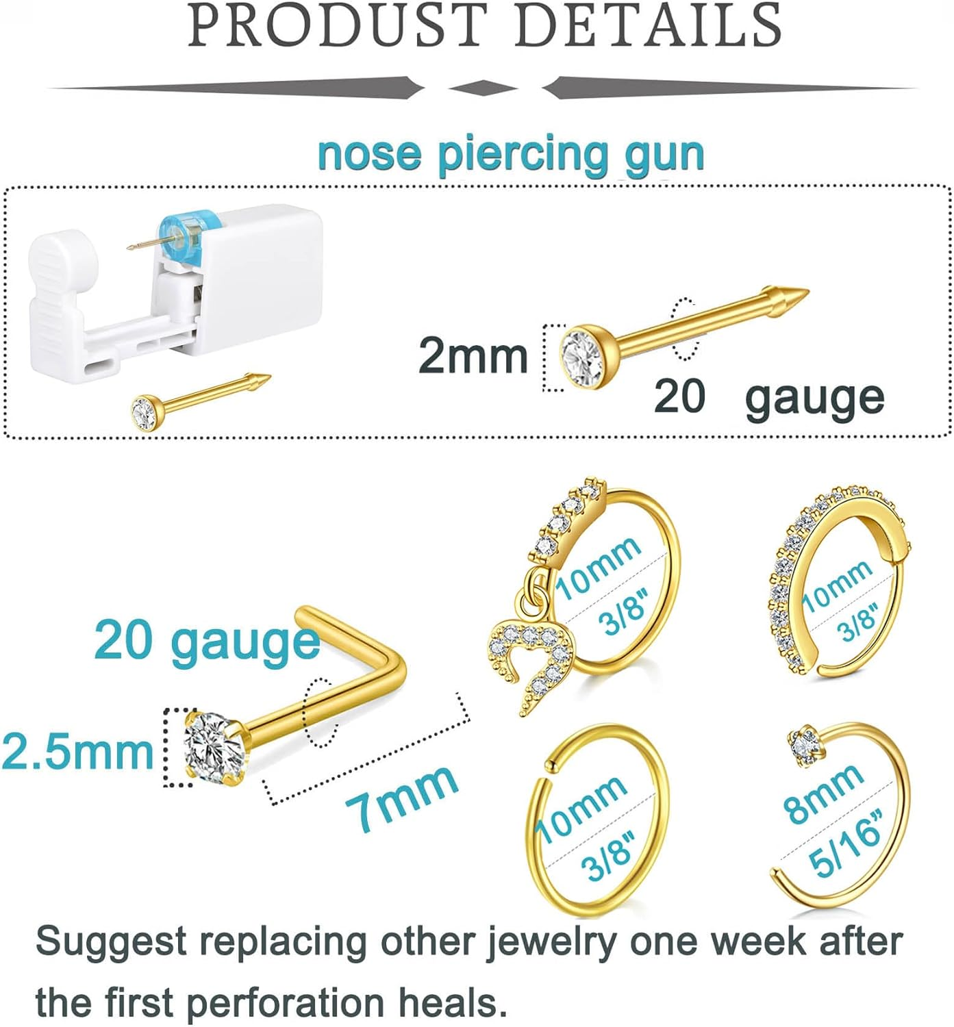QWALIT Gold Nose Piercing Kit with Disposable Gun and Rings image number 2