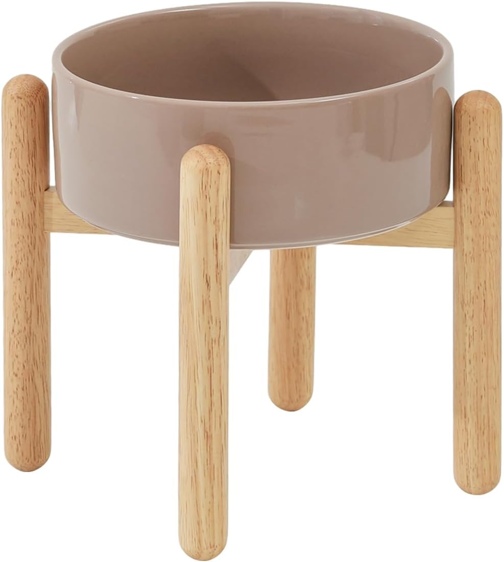 Havniva Ceramic 8.2Inch Raised Dog Bowl with Stand for Large - Breed Dogs, Pet Food and Water Feeder(Single Bowl with Stand - Brown Coffee)