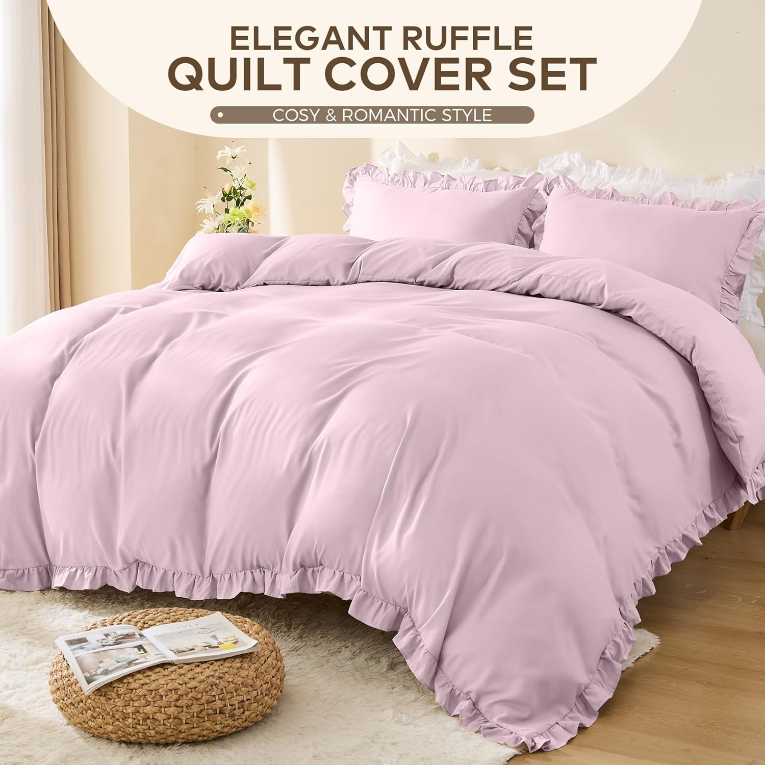 LINENOVA Ruffle Quilt Cover Set King &ndash; Ultra Soft 2000TC Microfibre Duvet Doona Cover with Corner Ties & Button Closure &ndash; 3-Piece Bedding Set with 2 Pillowcases - Light Pink image number 7