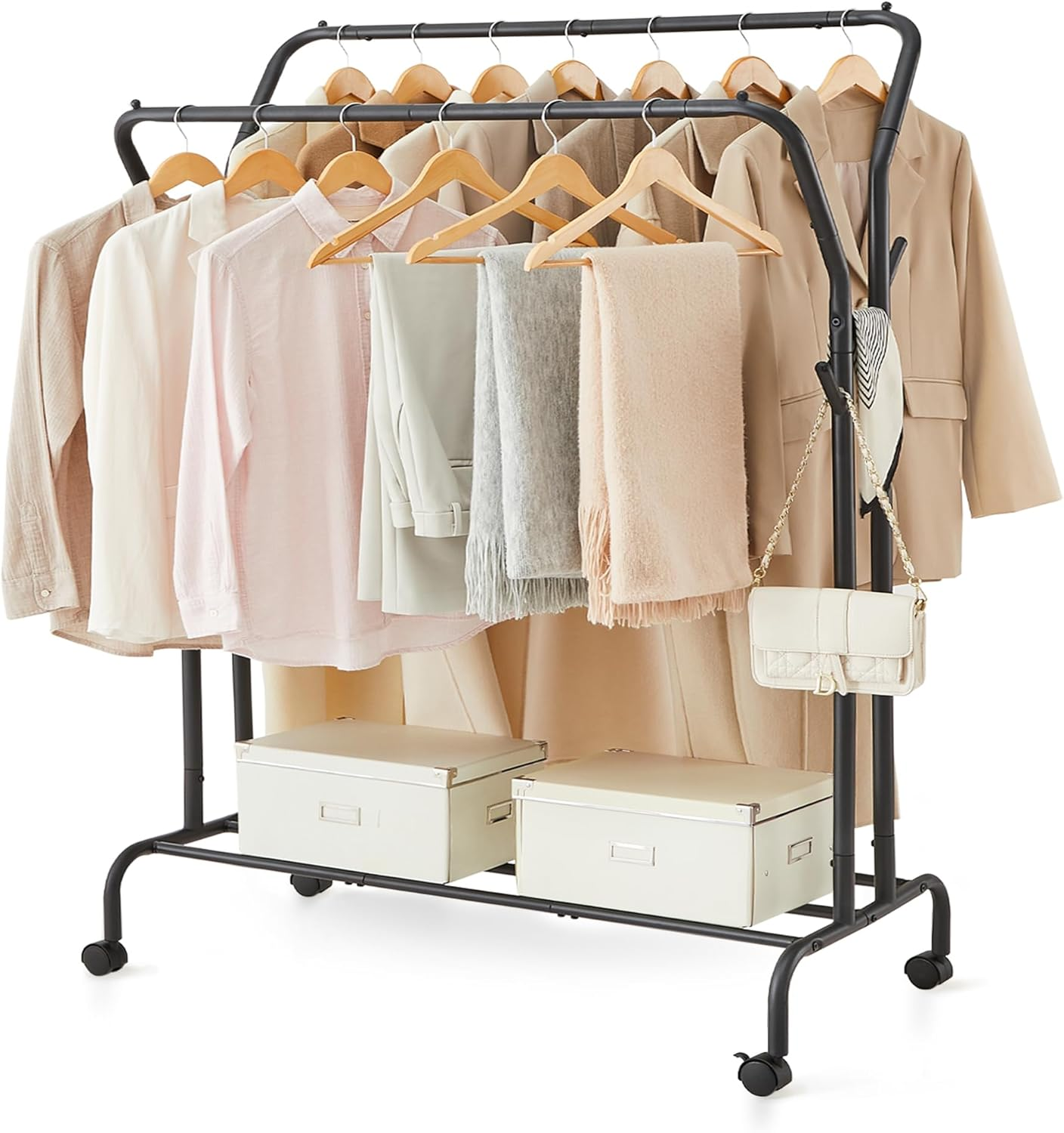 SONGMICS Clothes Rail, Clothes Rack, Double Clothes Hanging Rail, Heavy-Duty Metal Frame, with Wheels and Shelf, 100 Kg Total Max. Load, 103.5 Cm Wide, Clothing Storage, White HSR107W01