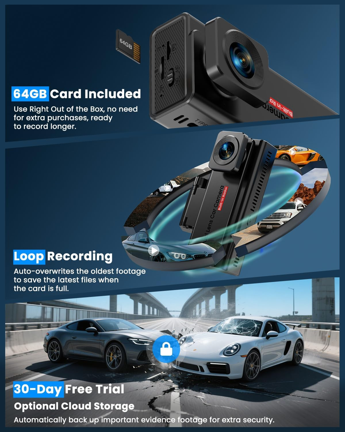 Dash Cam, UCOCARE 4G LTE Dash Cam Front and Cabin with SIM Card, 4G Car Camera No Wifi, 24/7 Live View, Two-Way Talk, 170&deg; Wide Angle, AI Radar Movement/Collision Detection Alert, 64GB Card Included image number 3
