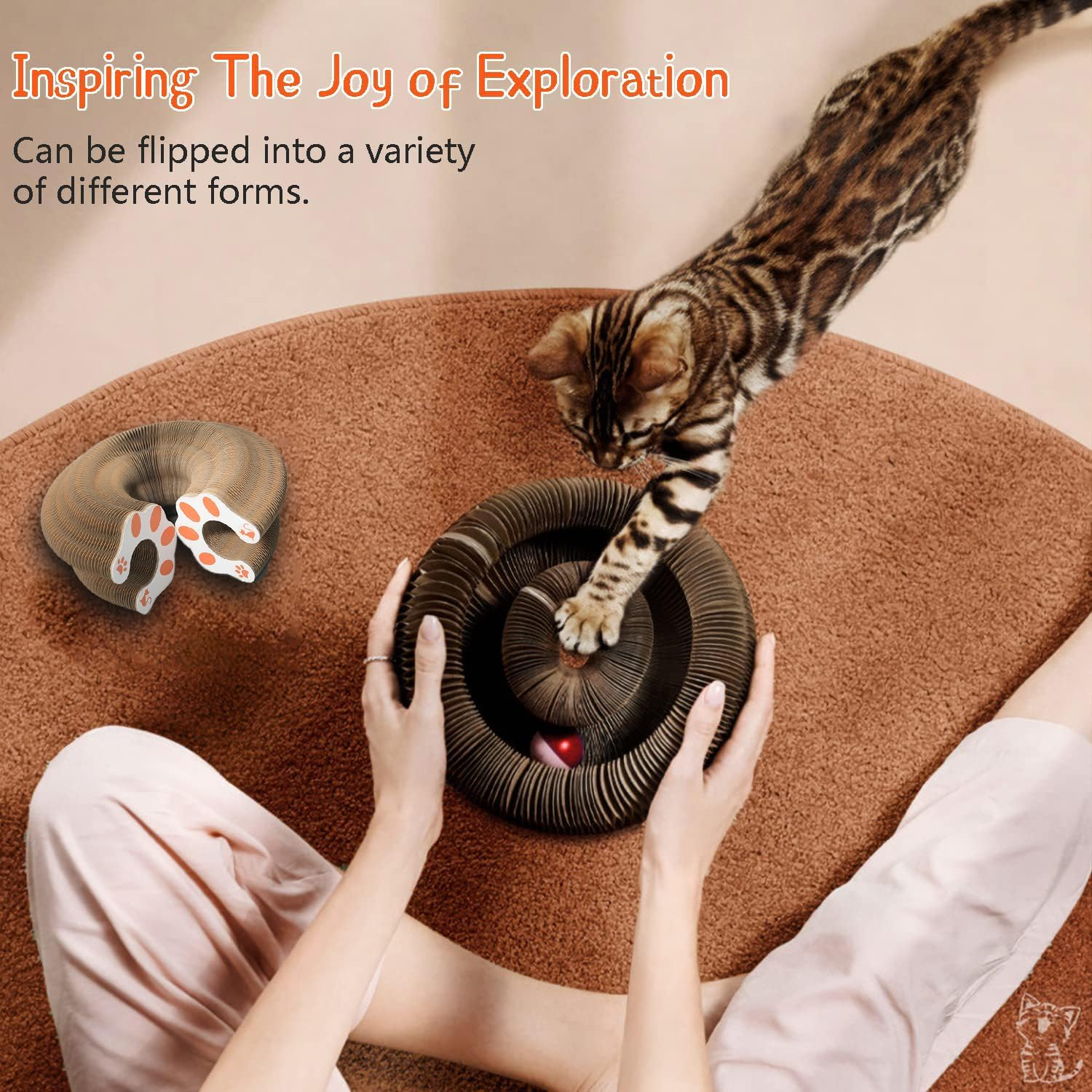 Magnetic Cat Ball Track Toy - Deformable Scratching Board with Bell Ball, Interactive Exercise Toy for Indoor Kittens, Durable Corrugated Paper Design (1Pcs, Pink Cat Paw) image number 5