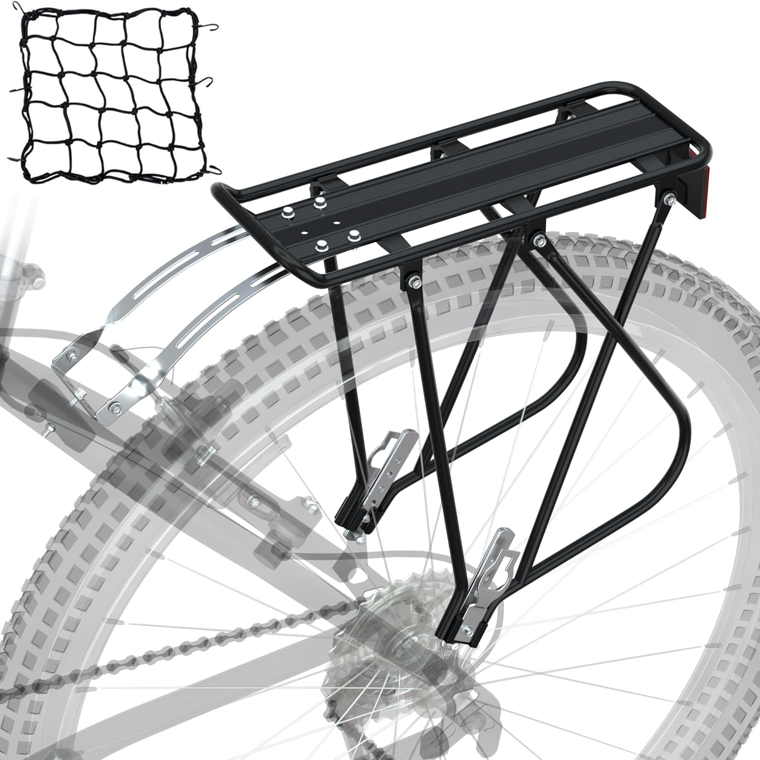Bike Cargo Rack W/Bungee Cargo Net & Reflective Logo Universal Adjustable Bicycle Rear Luggage Touring Carrier Racks 55Lbs Capacity Quick Release Mountain Road Bike Pannier Rack for 26"-29" Frames image number 4
