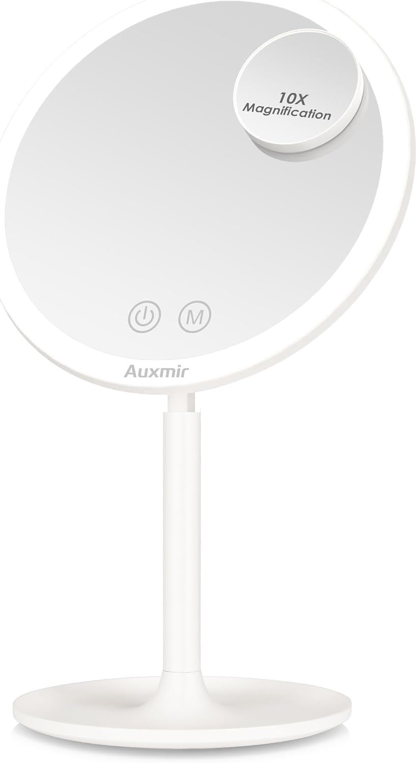 Auxmir Cosmetic Mirror 1 X with Small 10 X Illuminated Makeup Mirror with 46 Leds 3 Light Colours and Dimmable Brightness, USB Rechargeable Table Mirror Touch Switch Makeup Mirror 90&deg; Swivelling image number 2