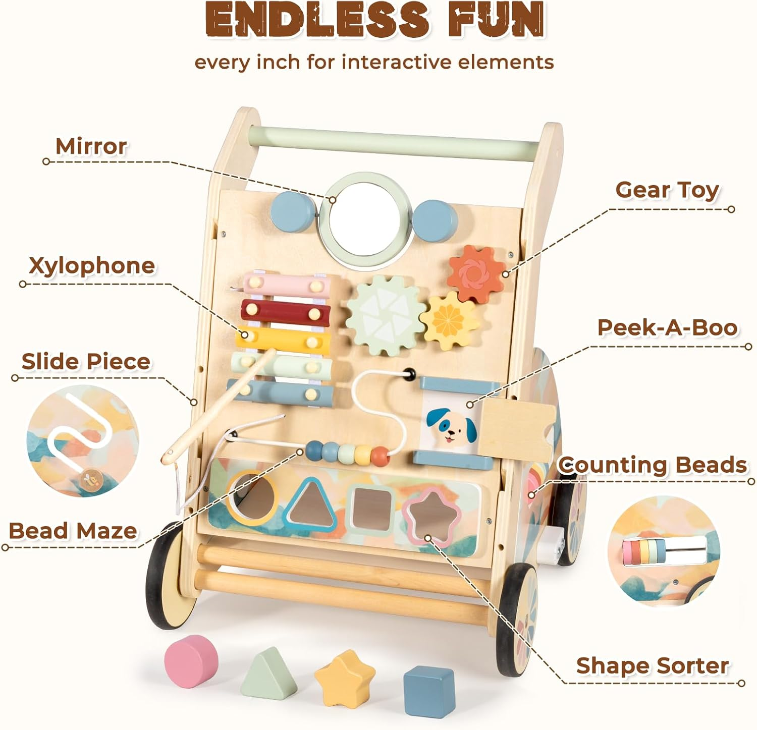 Lol-Fun Wooden Baby Walker with Detachable Busy Board Adjustable Speed Wheels for Boys Girls 6-12 Months image number 2