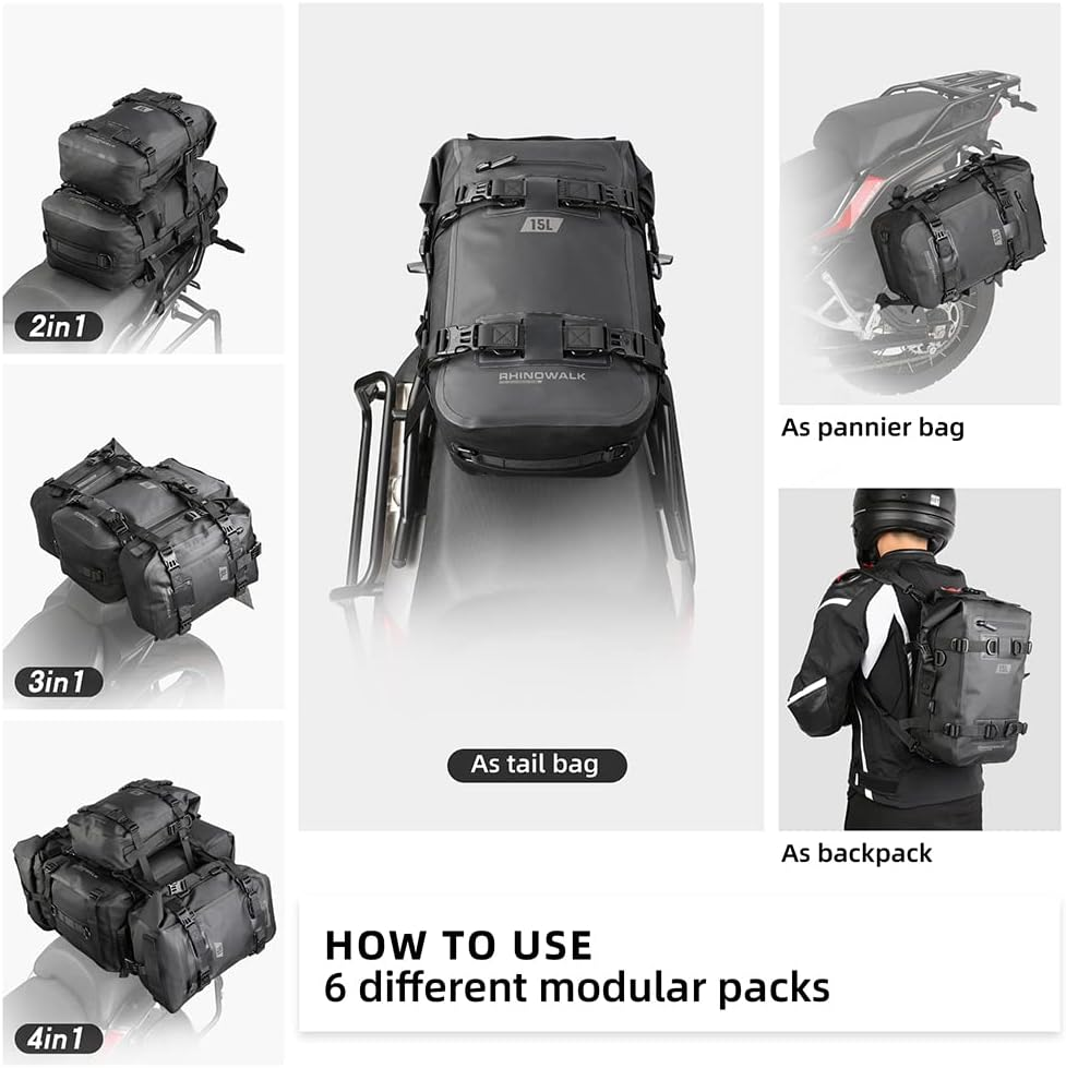 Rhinowalk Motor Pannier Bag 15L Multifunctional Fully Waterproof Rear Rack Trunk Motorcycle Seat Bag Motorbike Saddle Bag Professional Motor Accessories-Black