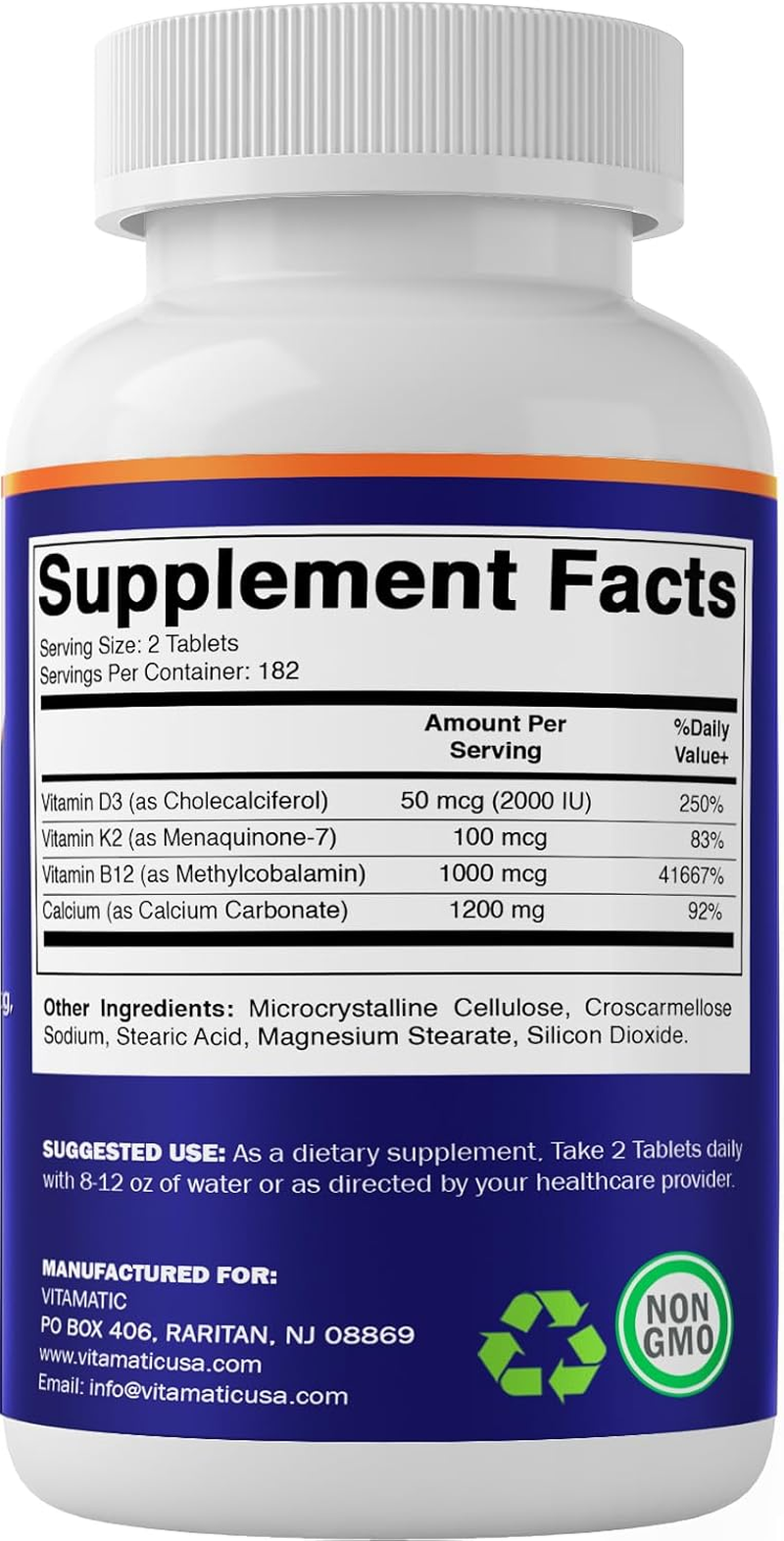 Vitamatic Calcium Supplement 1200Mg with D3, K2 & B12, Immune & Bone Health Support - 365 Coated Tablets image number 3