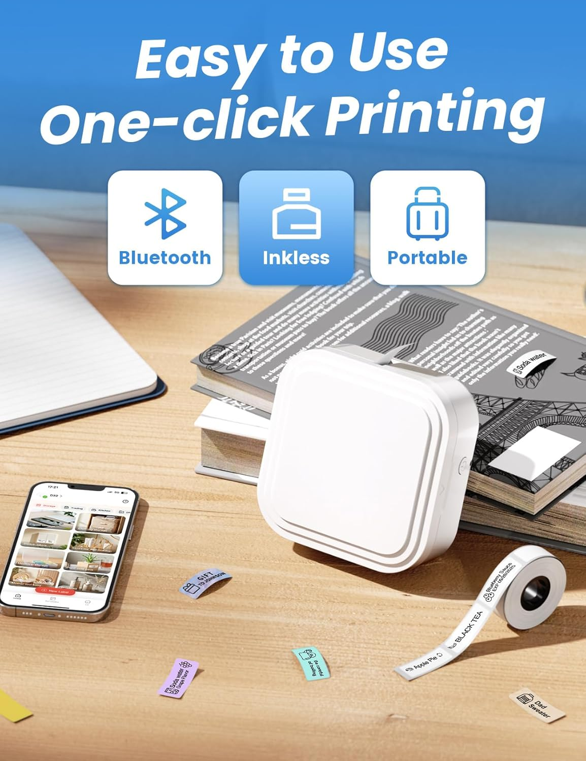 Label Makers - D32 Label Maker Machine with Tape, Label Printer Wireless Labeler Machine with Bluetooth, Mini Label Maker for Phone & Tablet, Portable Label Printer for Home, School, Office (White) - Green image number 6