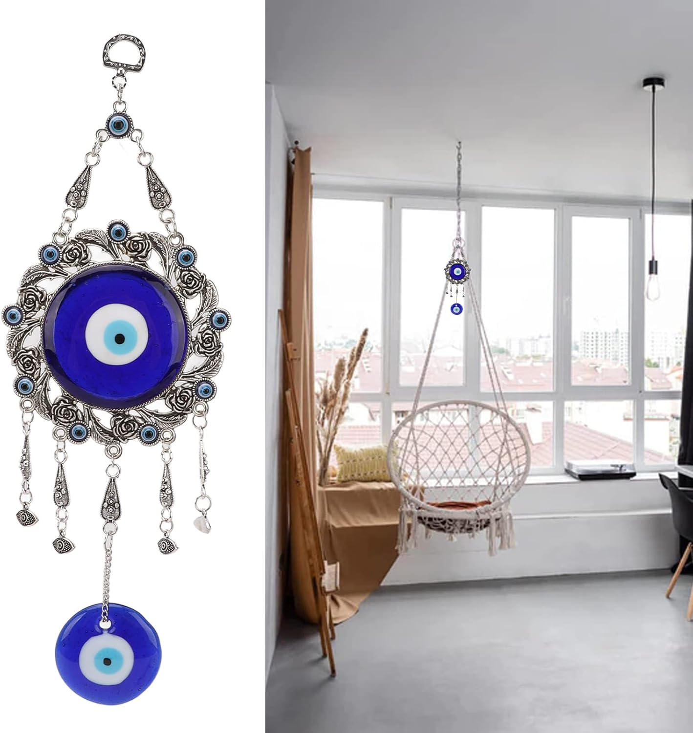 Turkish Glass Blue Evil Eye Wall Hanging Ornament, Hollow Flowers Wall Hanging Amulet, Delicate Blue Glass Metal Home Decor, Evil Eye Decor for Good Luck in the Office, Living Room, Bedroom(1#) image number 2
