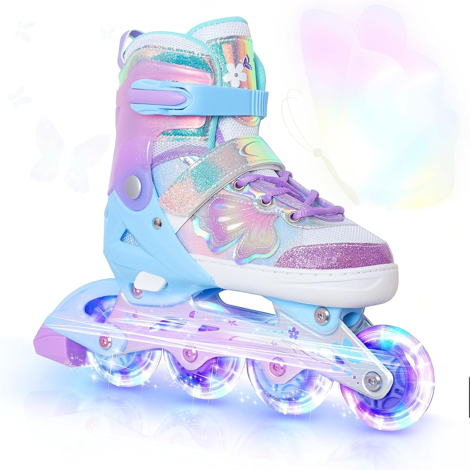 Nattork Kids Inline Skates Butterfly and Flower for Boys Girls Kids, 4 Sizes Adjustable Quad Skates with All Light up Wheels Indoor Outdoor Sports