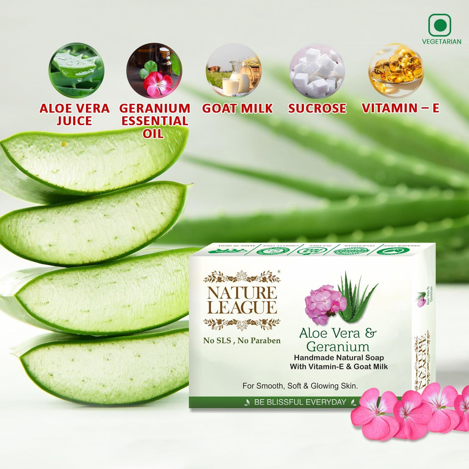 NATURE LEAGUE &ndash; ALOEVERA & GERANIUM | Natural Handmade Soap | with Aloevera Extract & Geranium Essential Oil | Vitamin-E | Sulphate, Paraben, Phthalate & Silicone Free (400 Gm) image number 3
