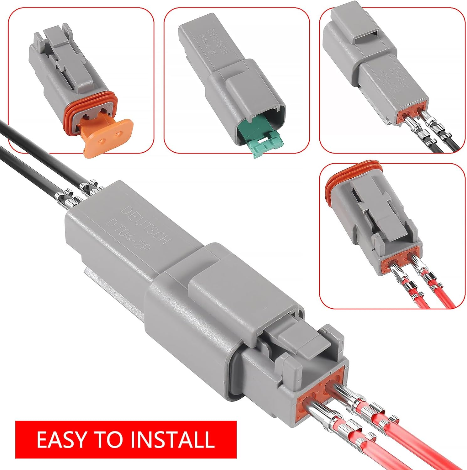 2 Pin Deutsch Connector 10 Kits, DT04-2P Waterproof Connector, 13A 14-18 AWG DT Series Connector, Solid Contacts Deutsch Automotive Connectors Kit for Car, Truck, Marine image number 1