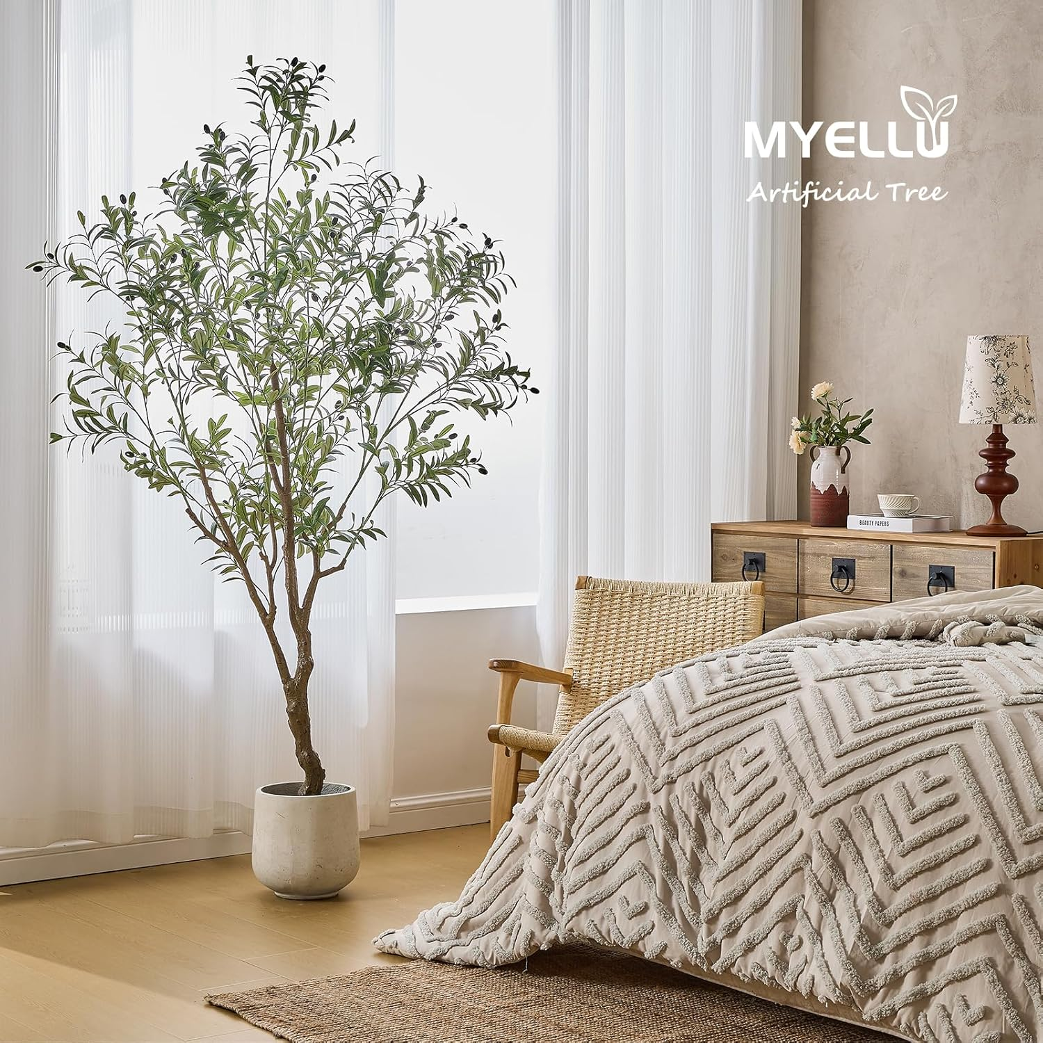 MYELLU 7FT Olive Tree Artificial Plant Decor - Tall Fake Tree for Home Decor Faux Plant Indoor 2000 Leaves Artificial Olive Tree for Living Room Bedroom Office Live Streams Decorative Modern Greenery image number 3