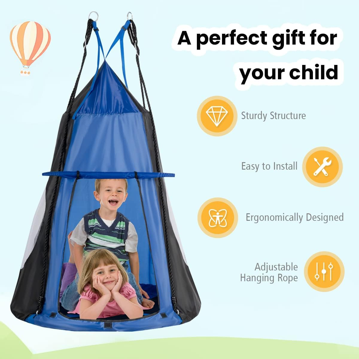 HONEY JOY 100CM Kids Detachable Hanging Chair Swing Tent, 2 in 1 Hammock Nest Pod Hanging Swing Seat, Children Outdoor Indoor Swing Play Tent for Backyard Tree, Max Capacity 150KG (Blue) image number 4
