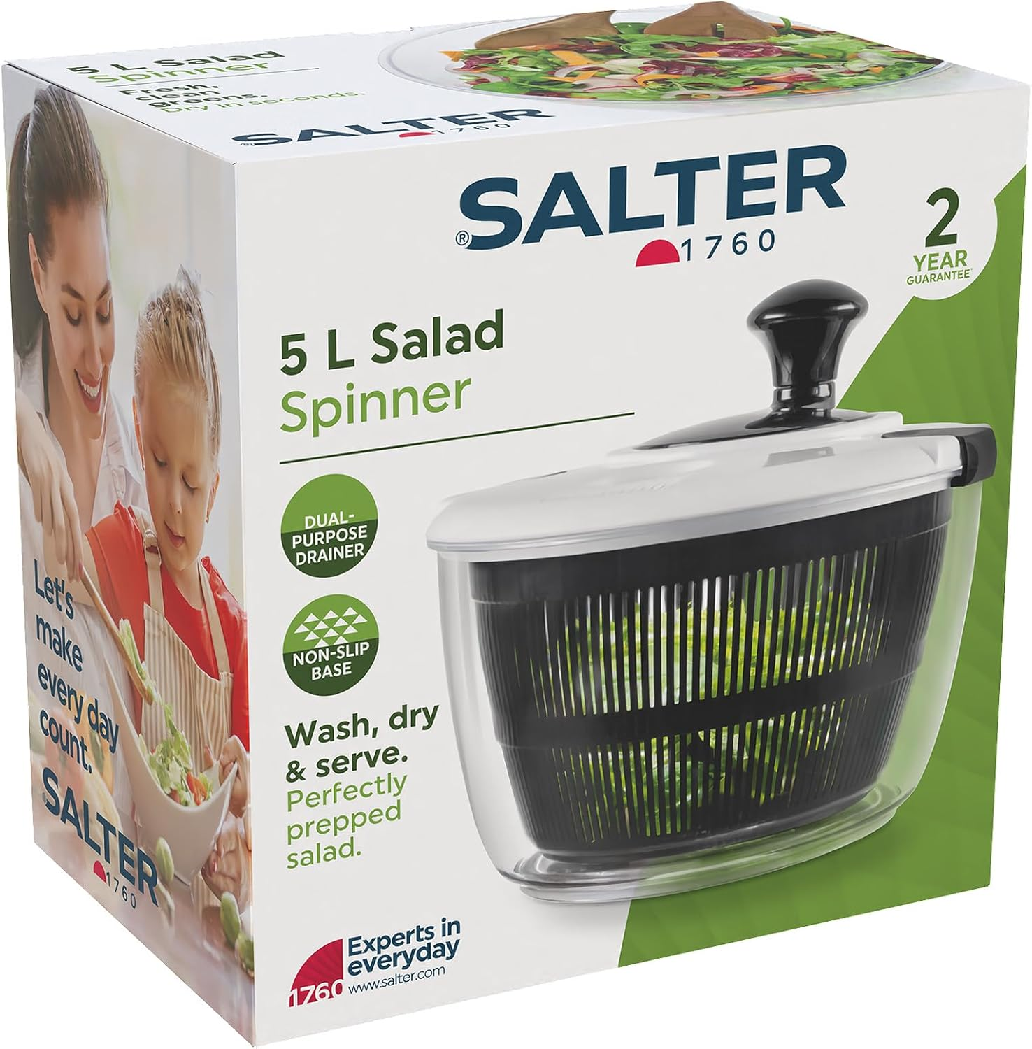 Salter Salad Spinner &ndash; 5 Litres, Washing, Drying, Serving, Salad Preparation, Salad Dryer, Easy Use, Non-Slip Base, Dual Purpose Drainer, Healthy Food/Fresh Salad image number 6