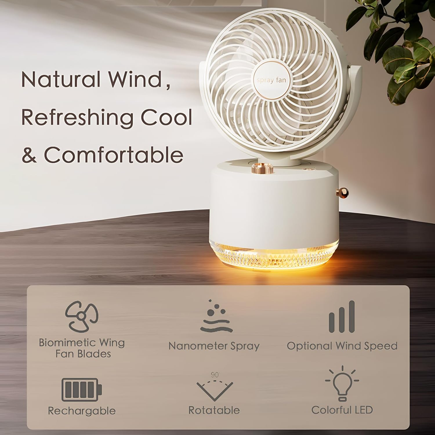 Desk Fan with Spray Portable Rechargeable Small Fans for Bedroom,Usb Oscillating Cooling Table Fan Long Time Work,Personal Electric Cold Air Portable Fan for Desk (Beige) image number 3