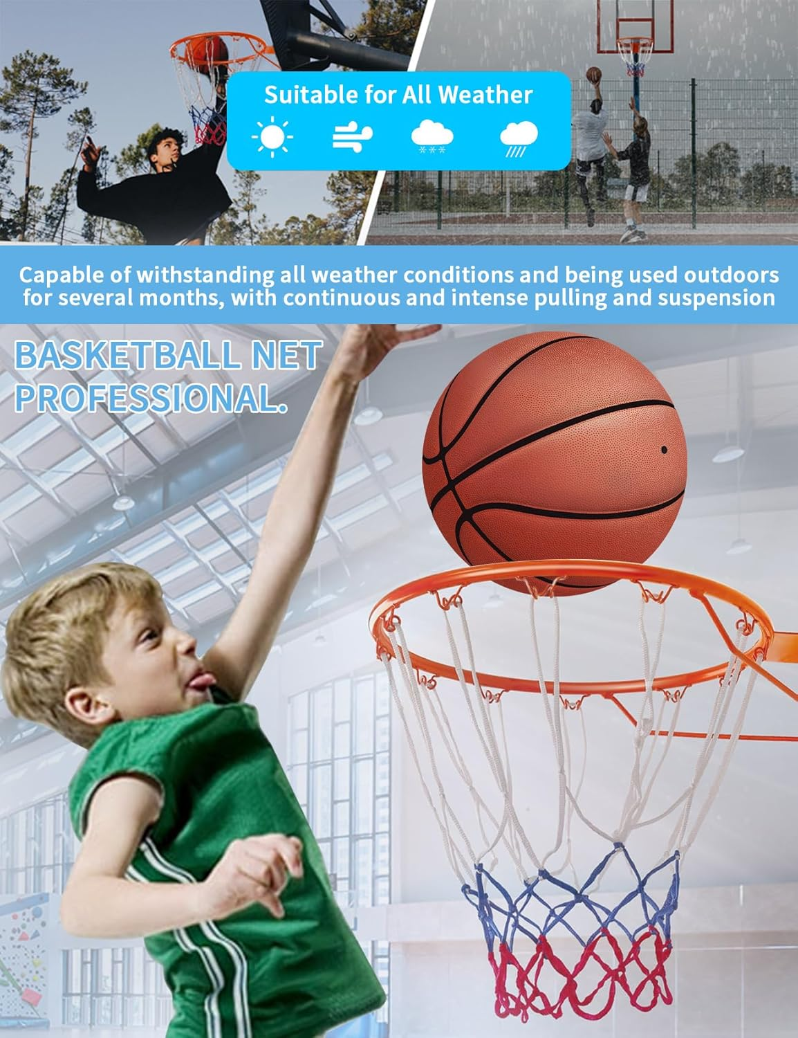 2 PCS Professional Polyester Braided Multicolor Basketball Net Replacement - Standard Size for Indoor and Outdoor, Heavy Duty 12 Ring Mesh image number 6