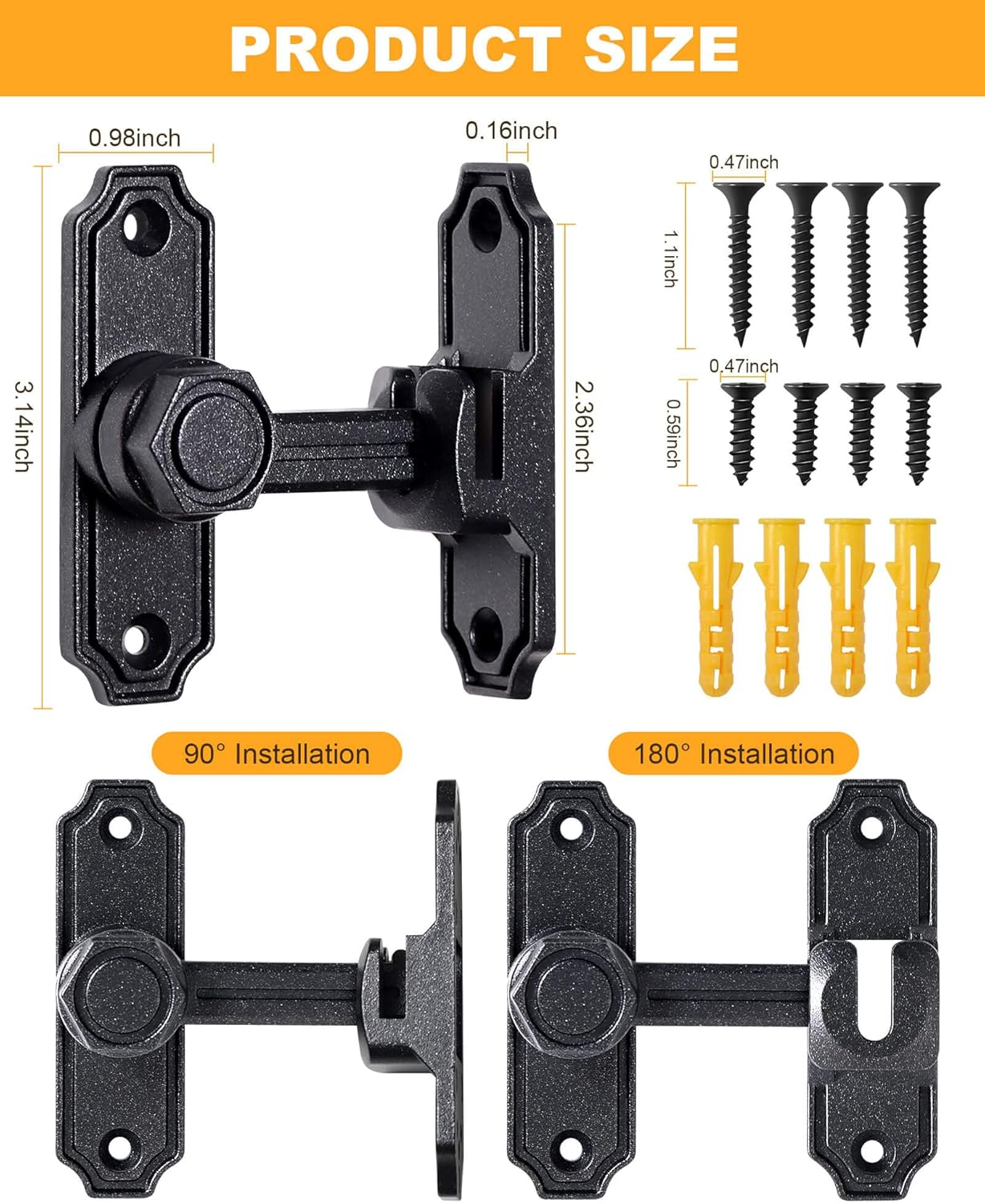 Sliding Barn Door Lock Hardware, 90/180 Degree Heavy Duty Gate Latches, Flip Safety Door Bolt Latch Lock, Applicable for Barn, Garden, Bathroom, Window, Garage, Vomika image number 1