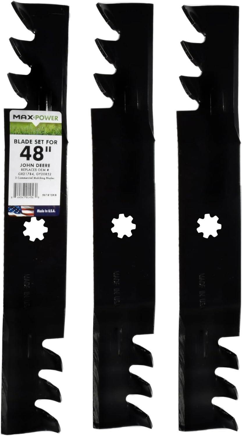 Maxpower 561812XB Set of 3, 3-N-1 Commercial Mulching Blades for 48 In. Cut John Deere Mowers, Replaces OEM No. GX21784, GX21786, Black