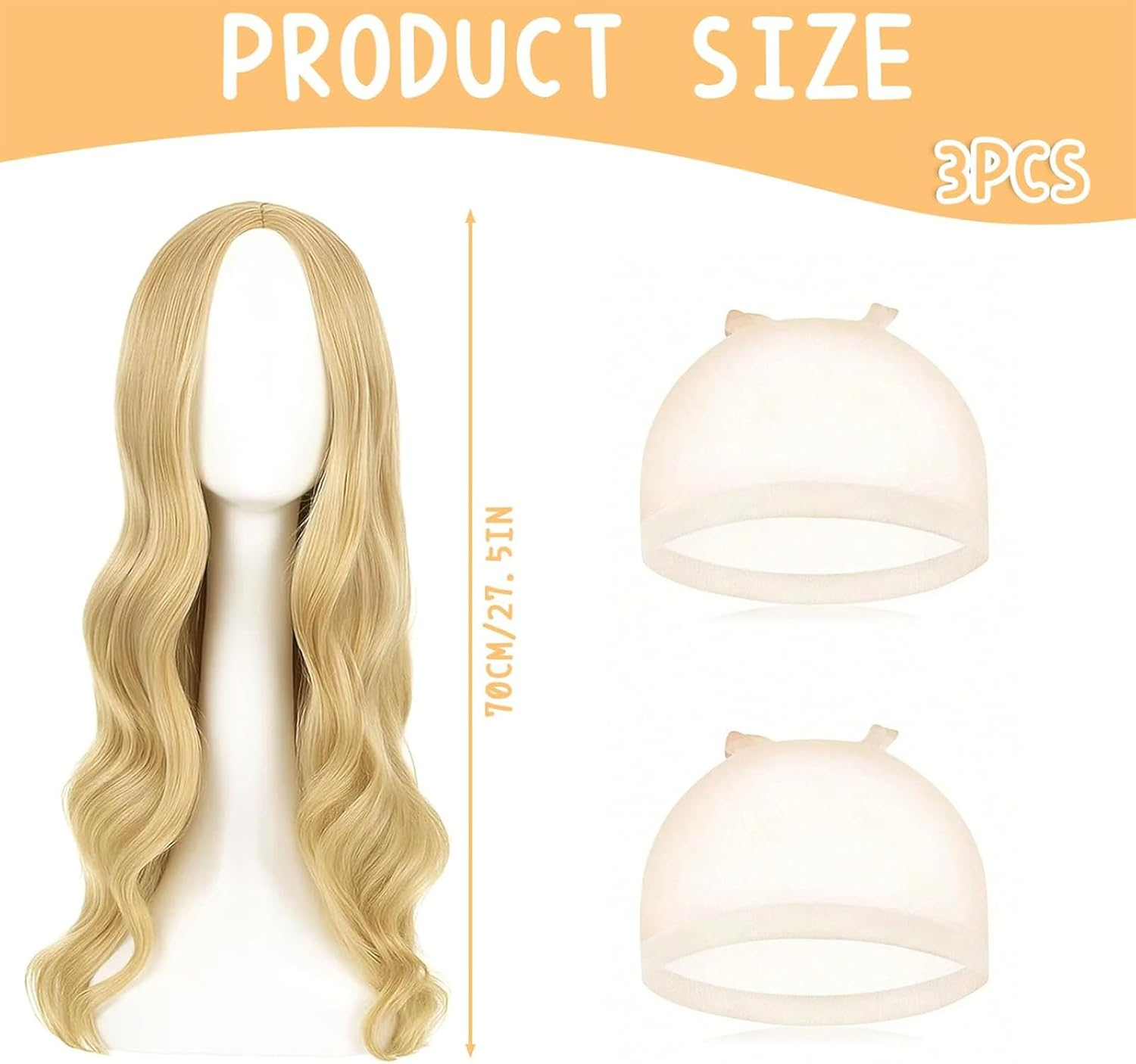 Set of 3 Long Wavy Blonde Wigs for Women and Girls, 28 Inch Long Curly Full Hair Wavy Heat Resistant Wig Cosplay Costume Charming Wig for Daily Carnival Fancy Dress (2 Hair Nets) image number 4