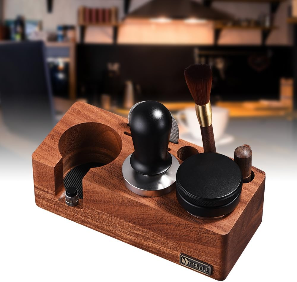 Walnut Espresso Tamping Station for 54Mm Espresso Machine Portafilter Stand Base Adjustable Height 3-In-1 Coffee Tamper Station Organizer Distributer and Portafilter Holder for Countertop Brown 54Mm image number 3