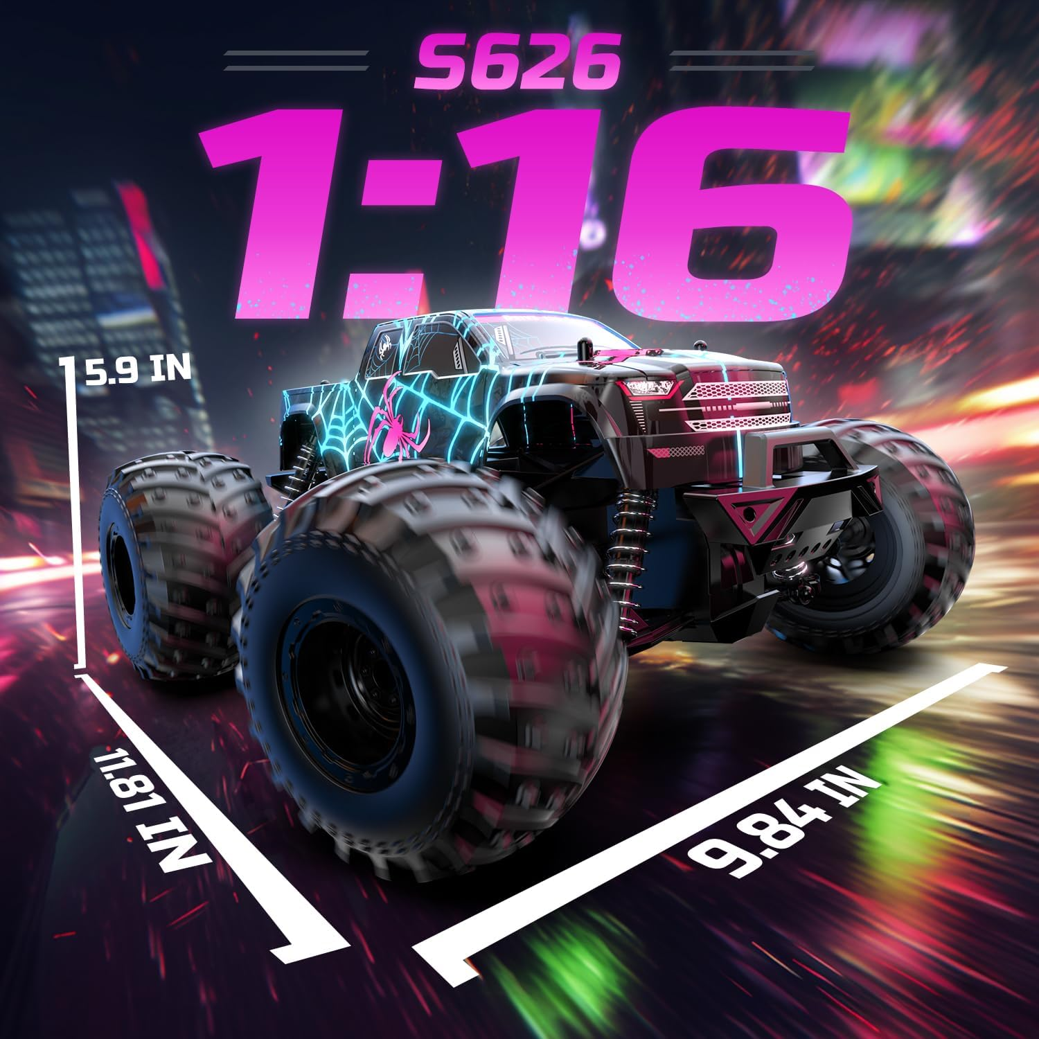 DEERC 1/16 Glowing Spider Remote Control Car - 15KM/H Fast RC Cars W/2 Rechargeable Batteries for 30 Mins Play, All Terrain Off-Road Monster Truck Toys for Boys Kids Age 4-7 8-12 image number 2