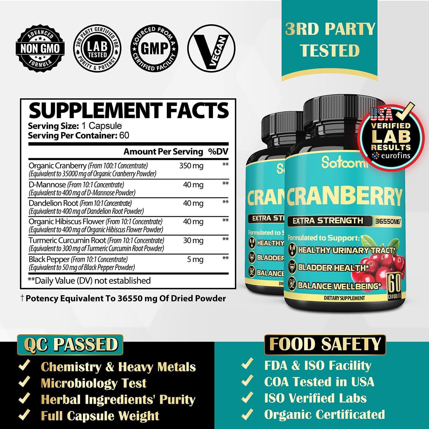 2 Packs 60 Caps Cranberry Supplement for Women - Equivalent to 36550Mg of 6 Herbs - with D-Mannose, Turmeric & More - UTI, Immune, Digestion Support - for 4-Month Supply image number 3