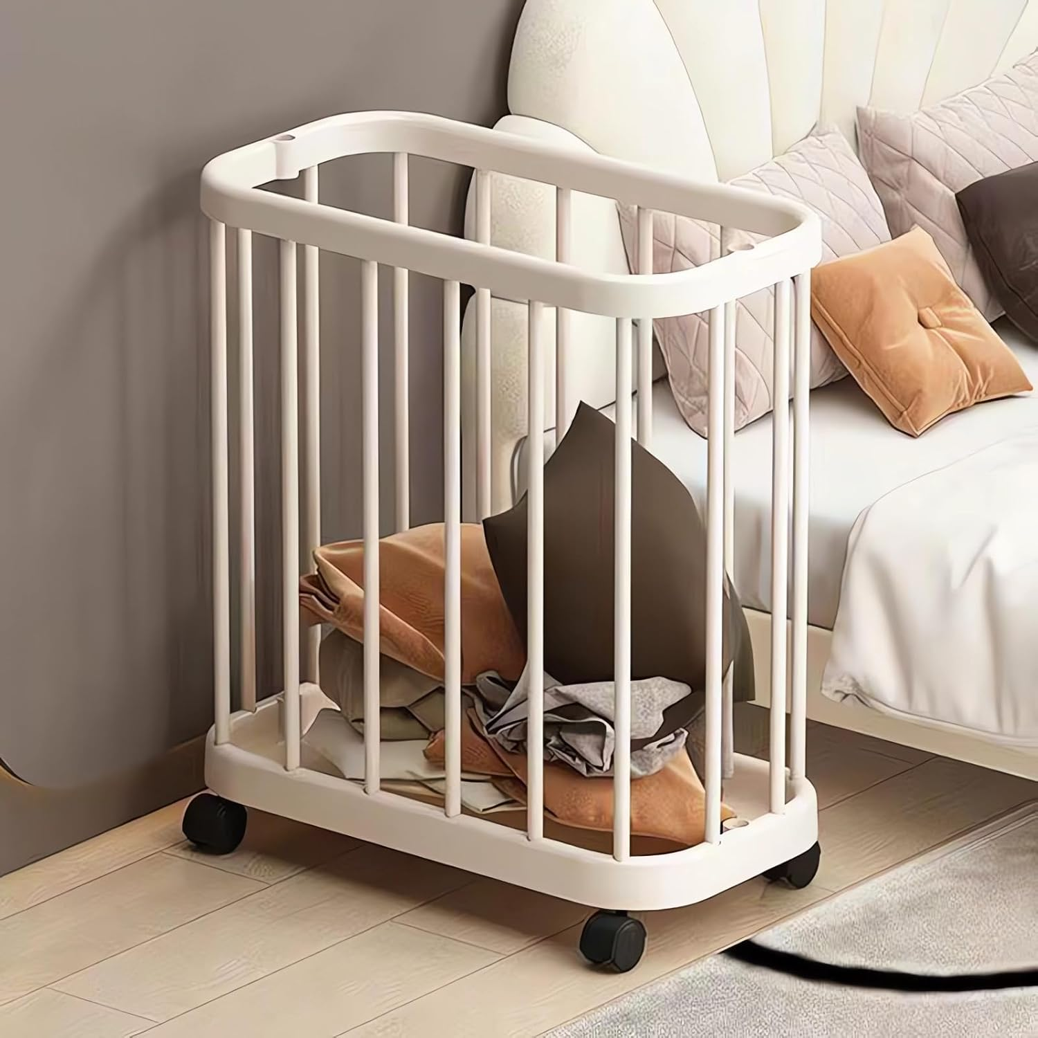 Rolling Storage Basket with Wheels, White Vertical Bar Design, Mobile Storage Cart for Toys, Clothes and Bathroom Essentials