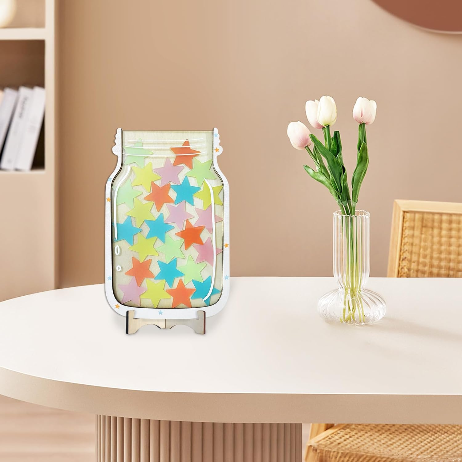 Personalized Pastel Stars Reward System, Incentive Jar for Classroom Responsibility, Children'S Reward with Standing Wooden Base and Linen Pocket for Home School Teacher Parent image number 3