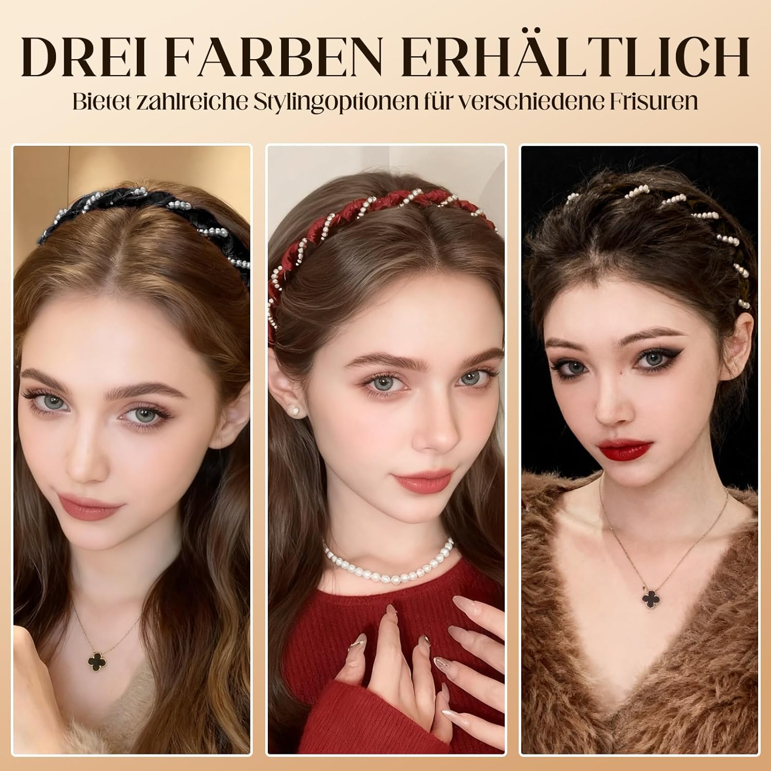 3Pcs High Updo Artificial Pearl Hairband, Fashion Headband Women, Grace Headbands for Rhinestones Bridal Hair Hoop, Birthday Party Valentine'S Day Gifts (Black/Red/Brown) image number 4