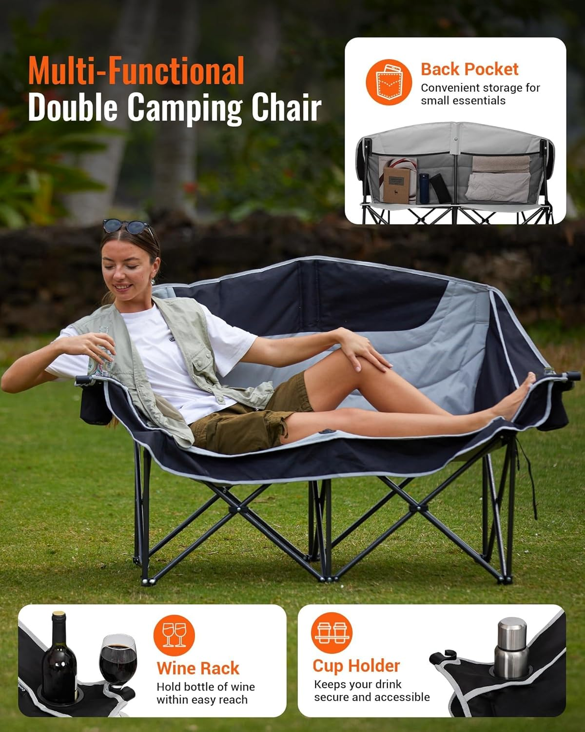 Double Camping Chair, Oversized Heavy Duty Loveseat for Adults Portable Folding XL 2 Person Couch Padded Comfortable Two Seat with Cup Holder for Outdoor Lawn Backyard XL 2 Person Black/Grey image number 6