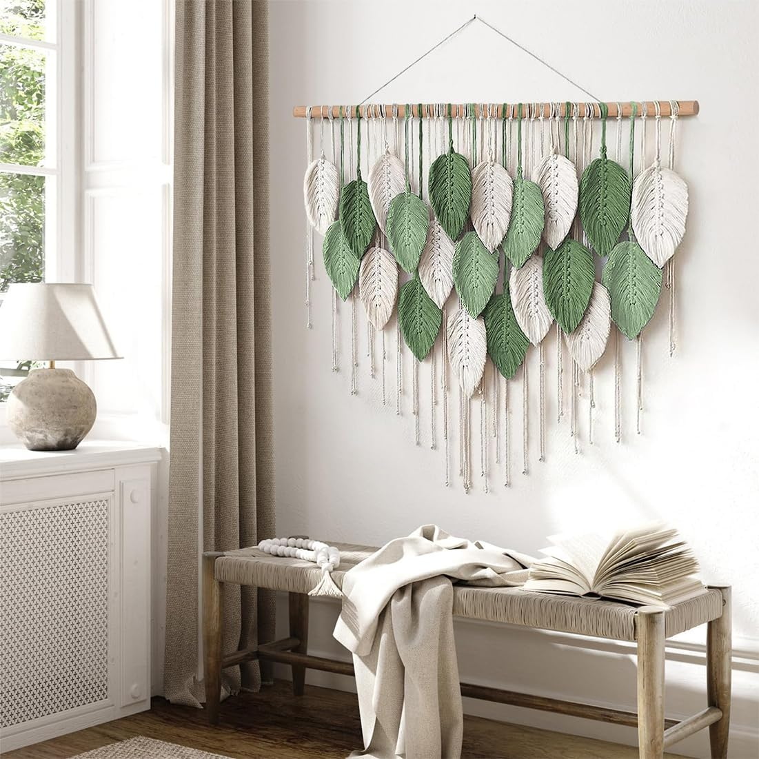 Macrame Wall Hanging Tapestry with Leaf Design, Handcrafted Bohemian Wall Art Wall Hanging Decor, Large Wall Tapestry Wall Decor for Home Decor Bedroom Living Room Nursery Office 39" W X 31.5" L image number 1