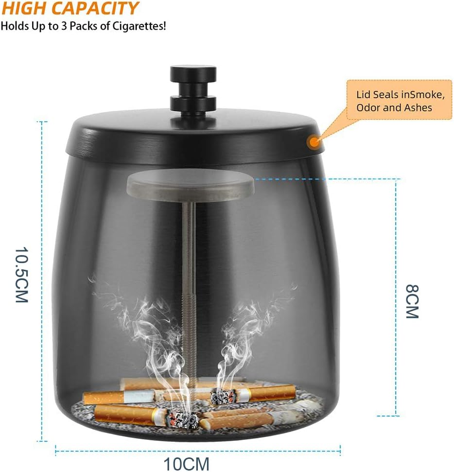 Large Outdoor Ashtray with Lid, Black Stainless Steel, High Capacity Smokeless Design, Windproof Covered, Odor Proof for Patio Home Office Tabletop