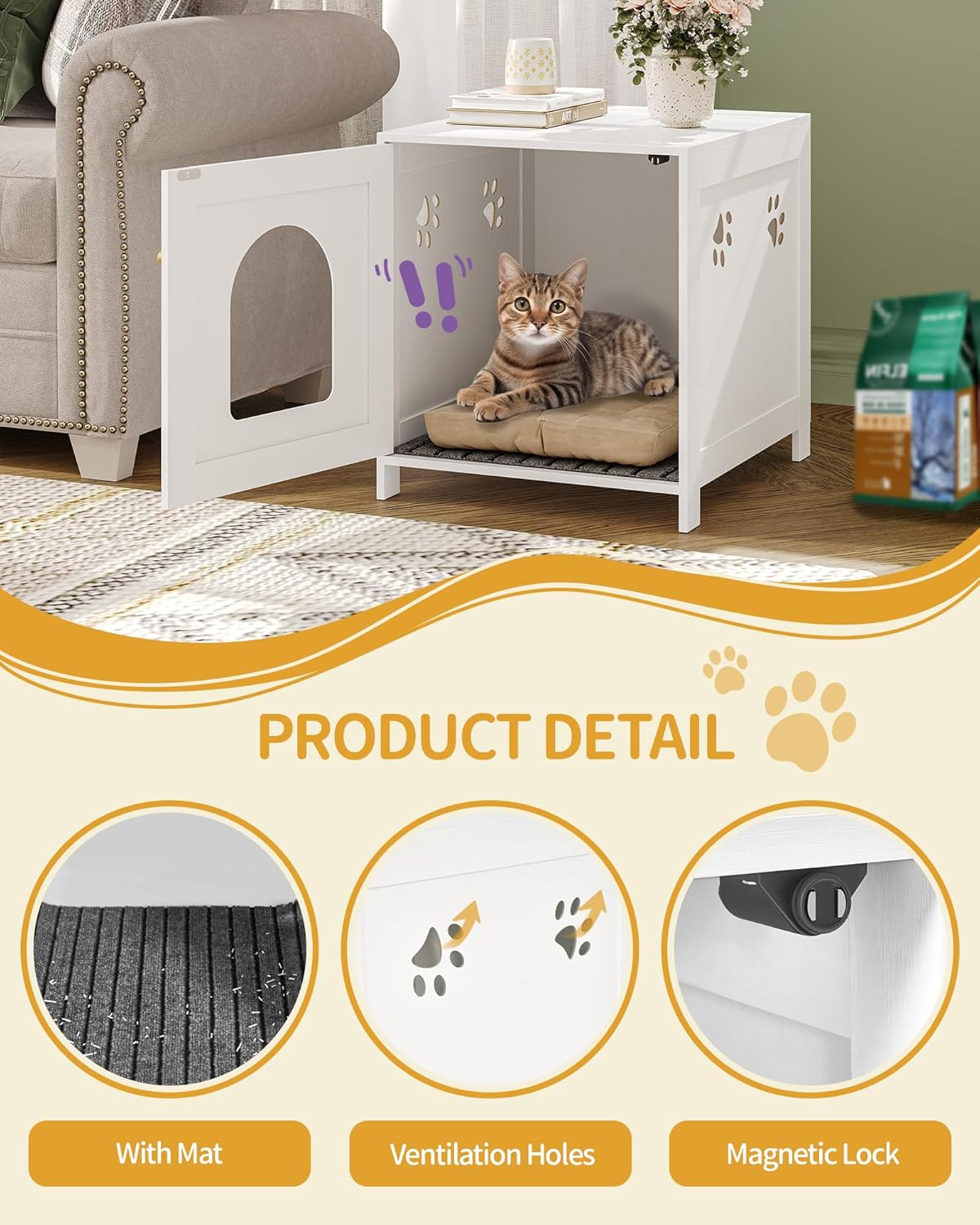 Hzuaneri Cat Litter Box Enclosure, 21.6" L Hidden Litter Box Furniture, Wooden Indoor Pet House with Front Arched Door, Side End Table, Nightstand for Living Room, Bedroom, White CB82213X image number 1