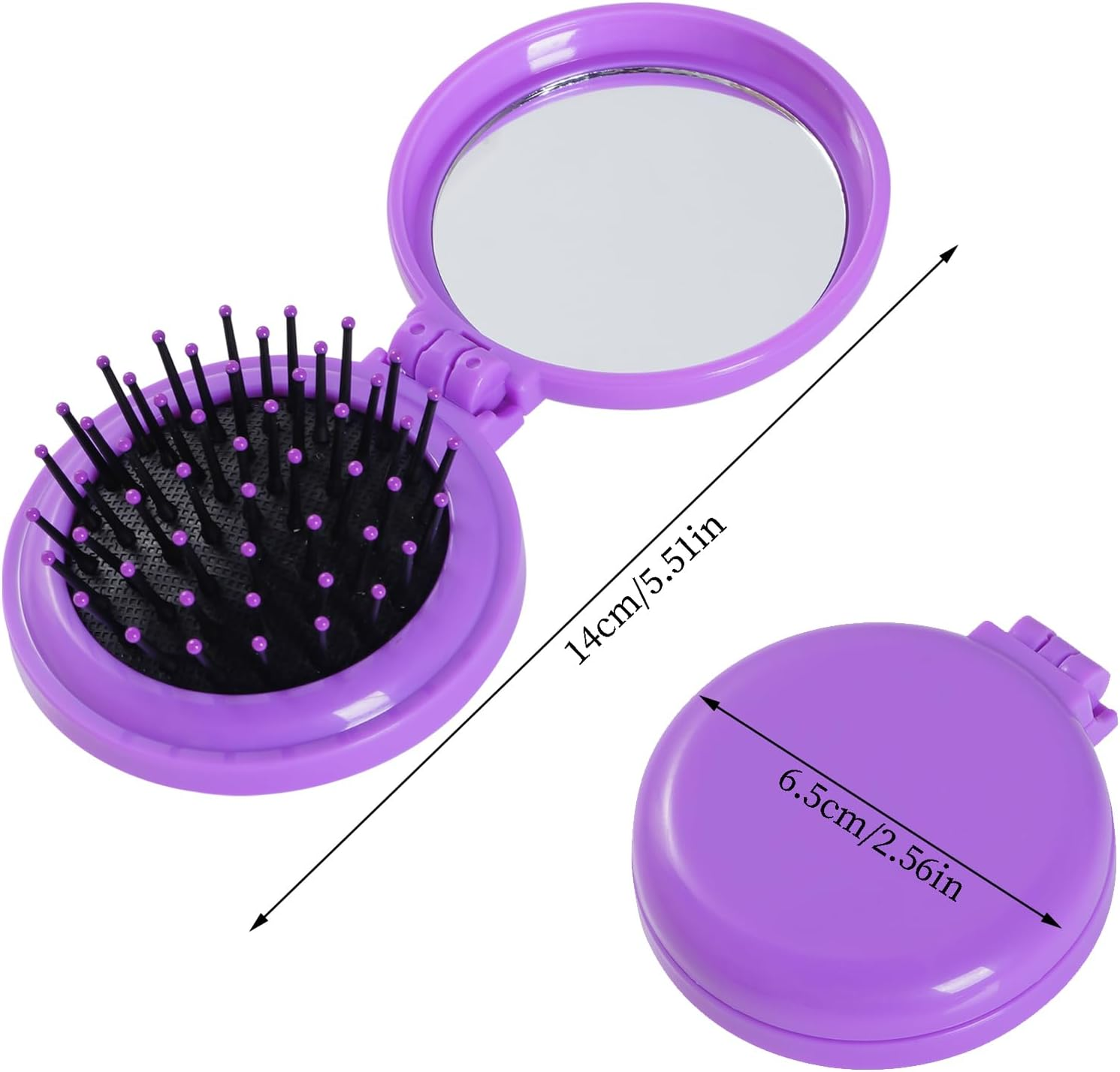 OJIOUI 2Pcs Mini Folding Hair Brush with Mirror round Small Portable Pocket Hair Brush Travel Size Mini Pop up Hairbrush for Women Girls (Rose Red, Purple) image number 1