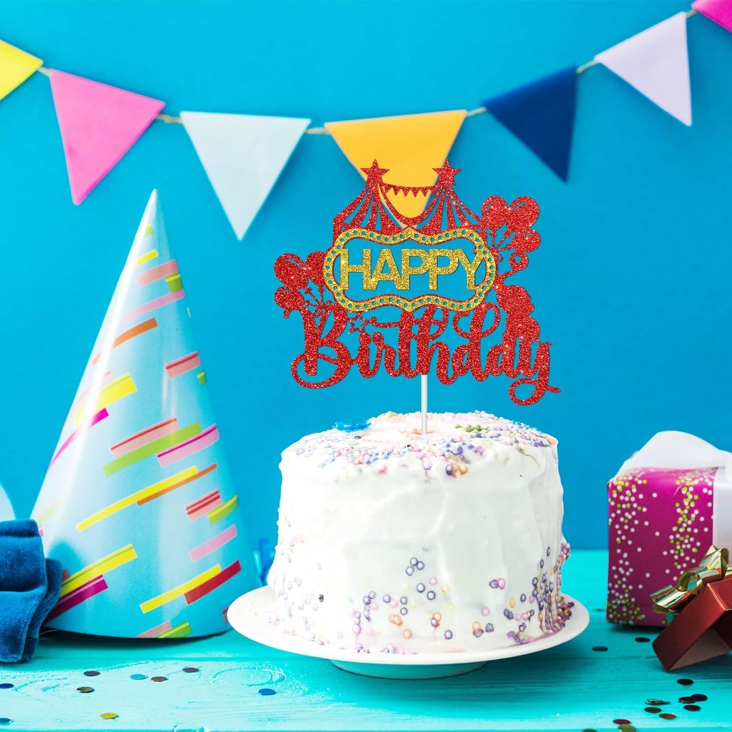 Confetti! Whimsical Circus Happy Birthday Cake Topper | Carnival Zoo Animals Birthday Cake Decor | Baby Shower & Kids Party Supplies image number 6