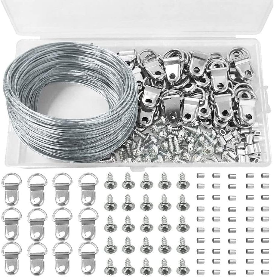 131 Pcs Picture Hanging Kit,100Ft Stainless Steel Picture Frame Wire Heavy Duty with D Ring Hangers and Crimping Sleeves Rope for Wall Art and Picture Hanging Wire image number 6