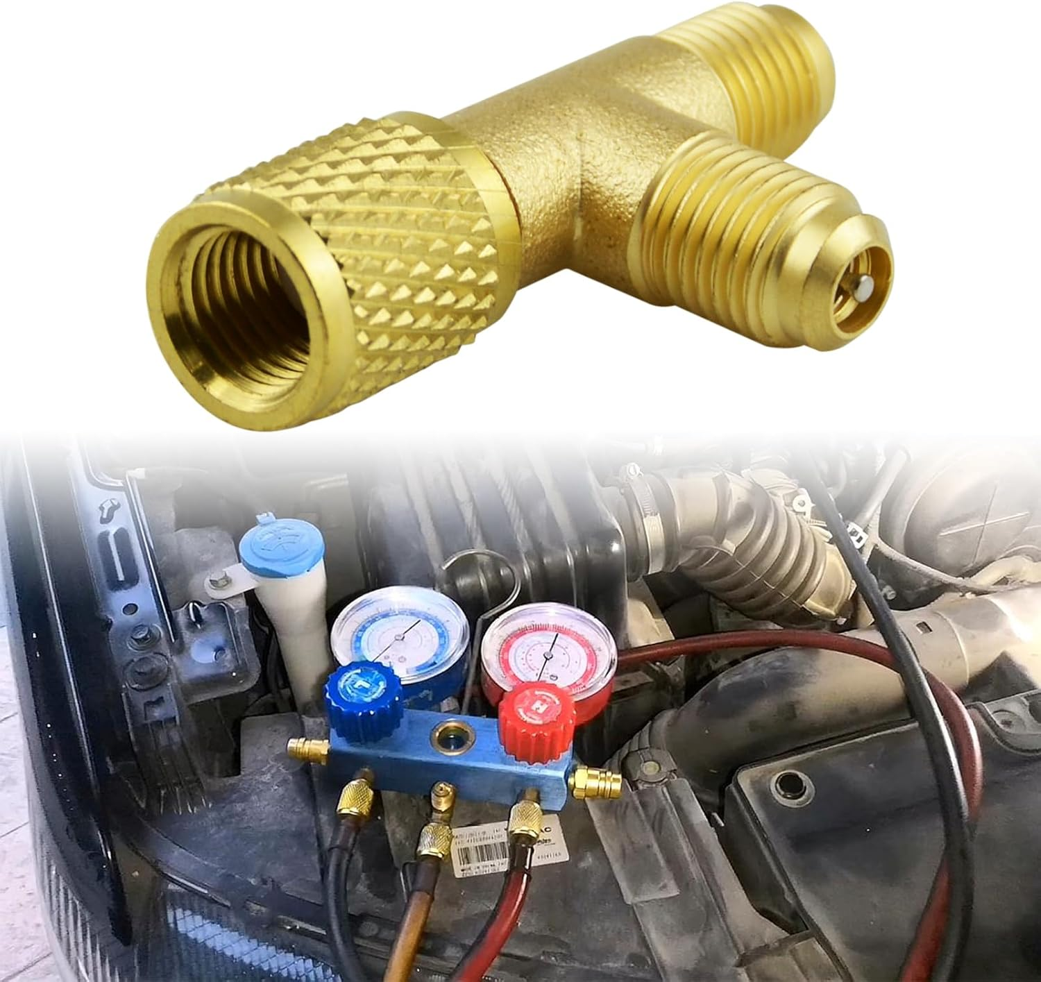 Quick Coupler Tee Adapter, 2 Pcs Brass Refrigerant Tee Adapter 1/4 Inch SAE Valves Core Tee Adapter Durable Air Conditioning Line Repair Tools for R22 R12 R134 Refrigerant Gauge Deep Vacuum Pump image number 1