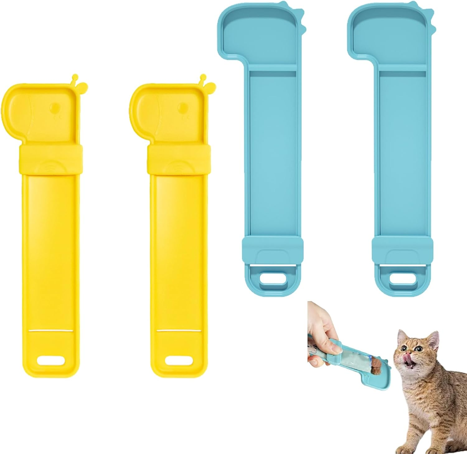 KASESSS Pack of 4 Spoons for Cat Treat, Cute Cat Strip Feeding Spoon, Plastic Cat Treat Dispenser Spoon, Cat Feed Strip Squeeze Spoon, Cat Stripes Happy Spoon (Yellow, Blue)