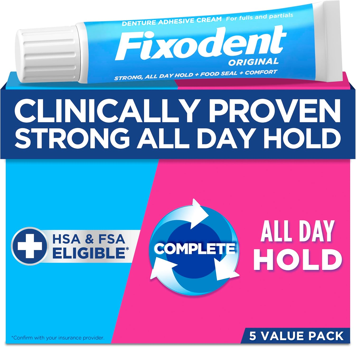 Fixodent Original Secure Denture Adhesive Cream for Full and Partial Denture Wearers, 2.4Oz (Pack of 5) image number 2