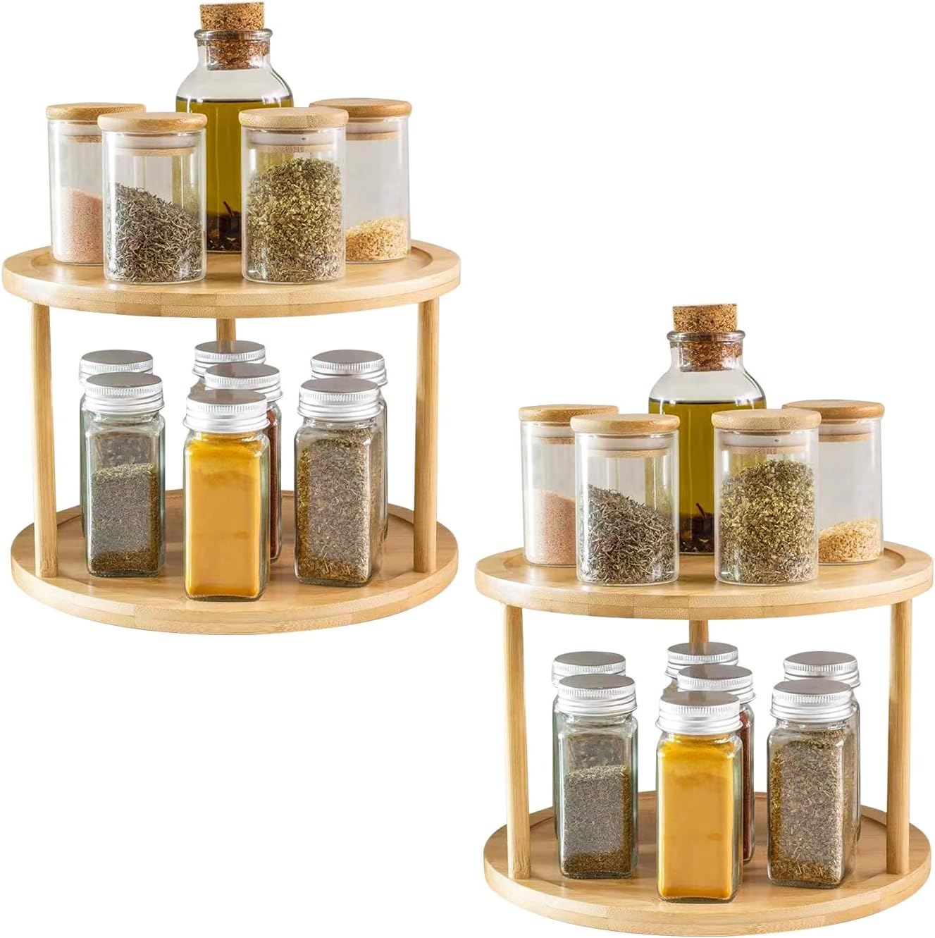 Bamboo Turntable Spice Rack 2-Tier 360 Degree Rotating Rack Organizer, Bamboo Lazy Susan, Kitchen Spinning Tray for Spices, Condiments, Kitchen, Cabinet, Pantry image number 4