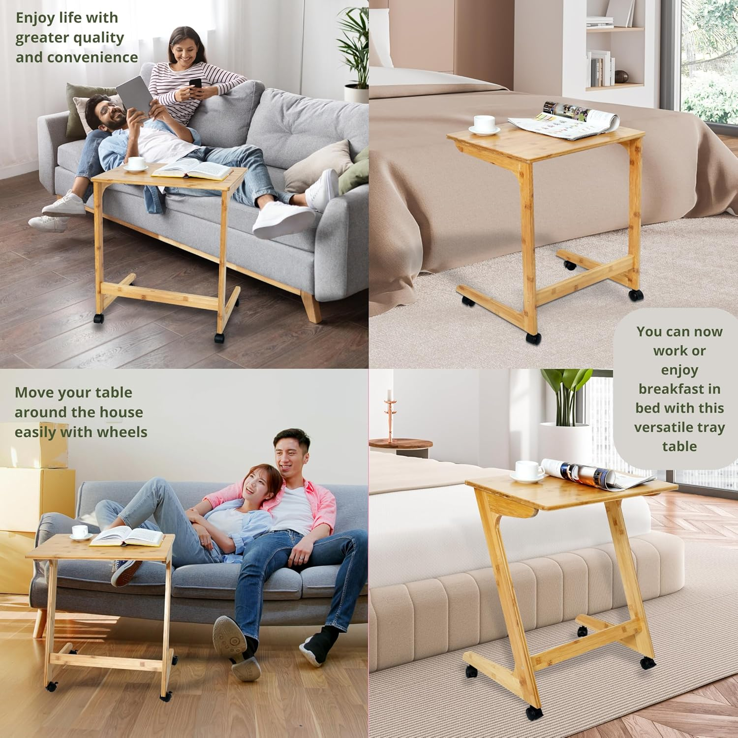 TV Tray Table, Side Table for Sofa, Couch, Bedside Table, End Table with or without Wheels, Rolling Table with Castors, Small Table for Living Room Furniture, Coffee Table, Bamboo (Z Shape) image number 1