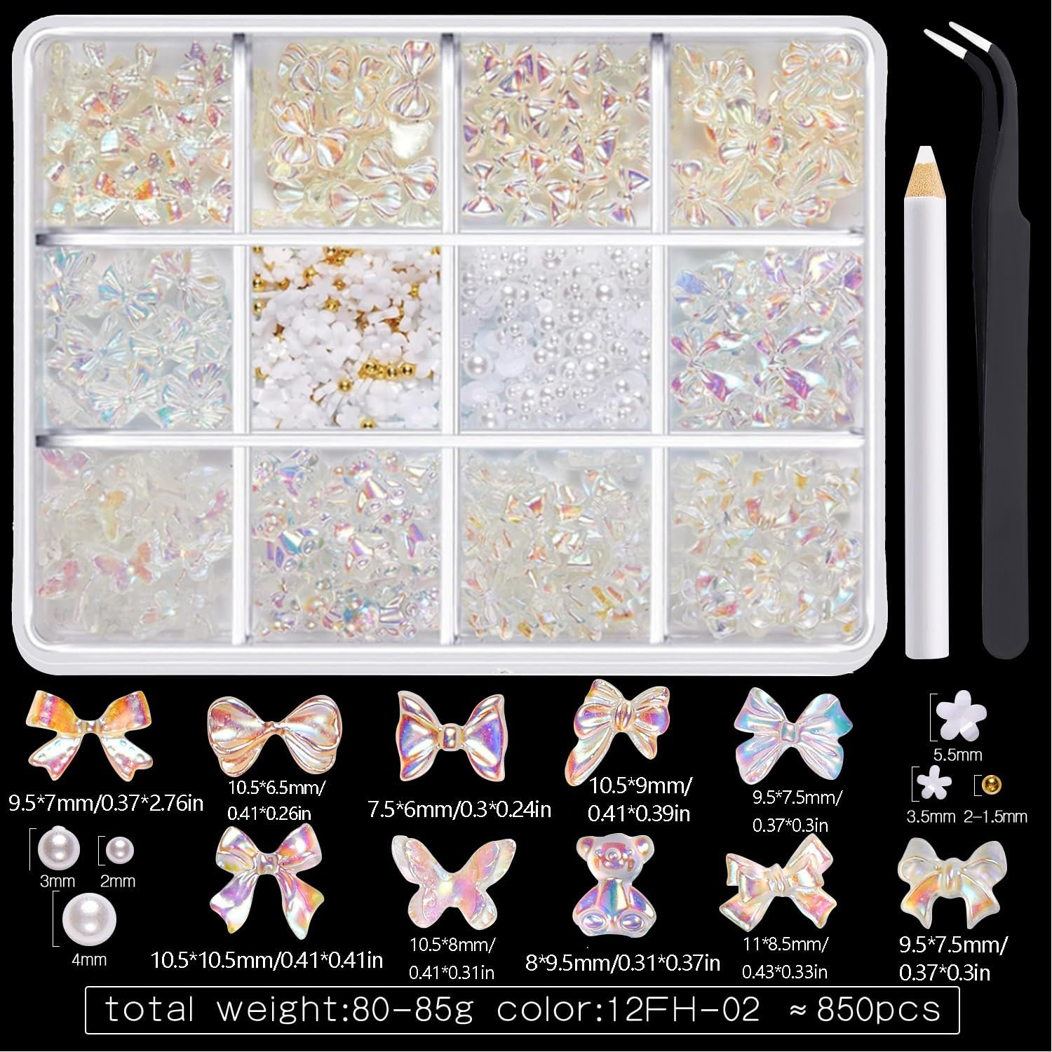 Taicols 850Pcs 3D Bow Nail Charms,Clear Colorful Nail Art Charms Bowknot Nail Art Rhinestones and Pearls with Tweezers,Nail Pens Nail Decorations Accessories for Women Party, Daily