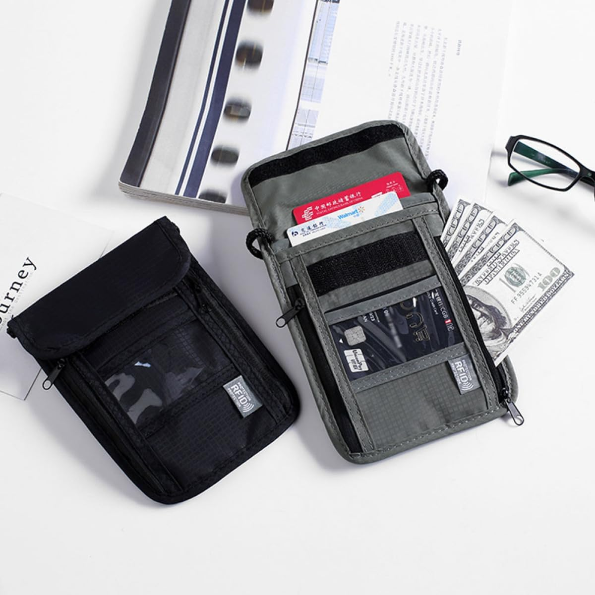 SECFOU Travel Passport Holder Wallet Neck Hanging Bag with Transparent Pocket Multifunctional Credit Card Organizer and Phone Pouch for Men Women Grey image number 6