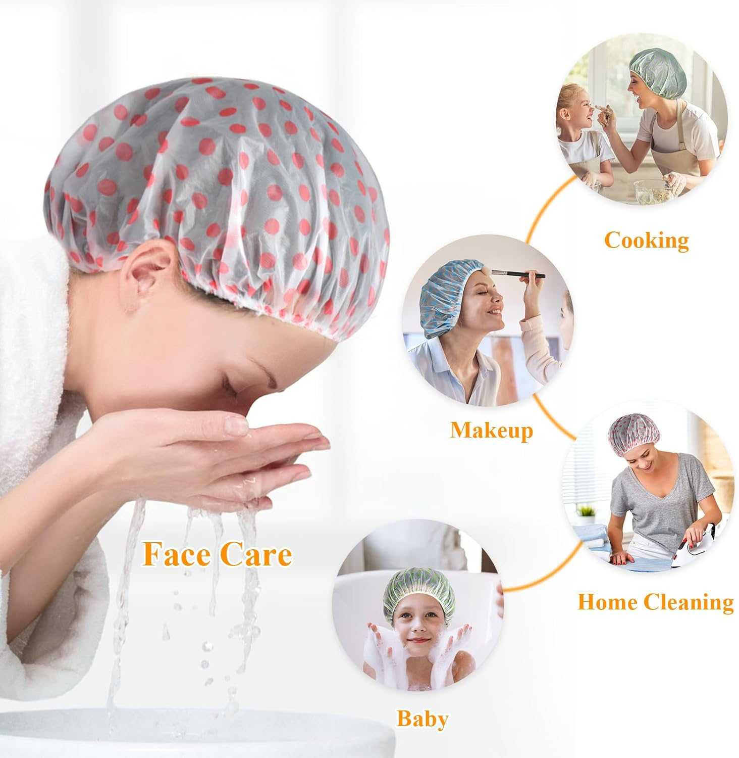 3 Pcs Shower Caps for Women Men,Waterproof Reusable Bath Cap,27Cm Width with Elastic Band, Large Plastic Long Hair Environmental Protection Hats for Ladies Girls Kids Spa Salon (Red+Blue+Yellow) image number 2