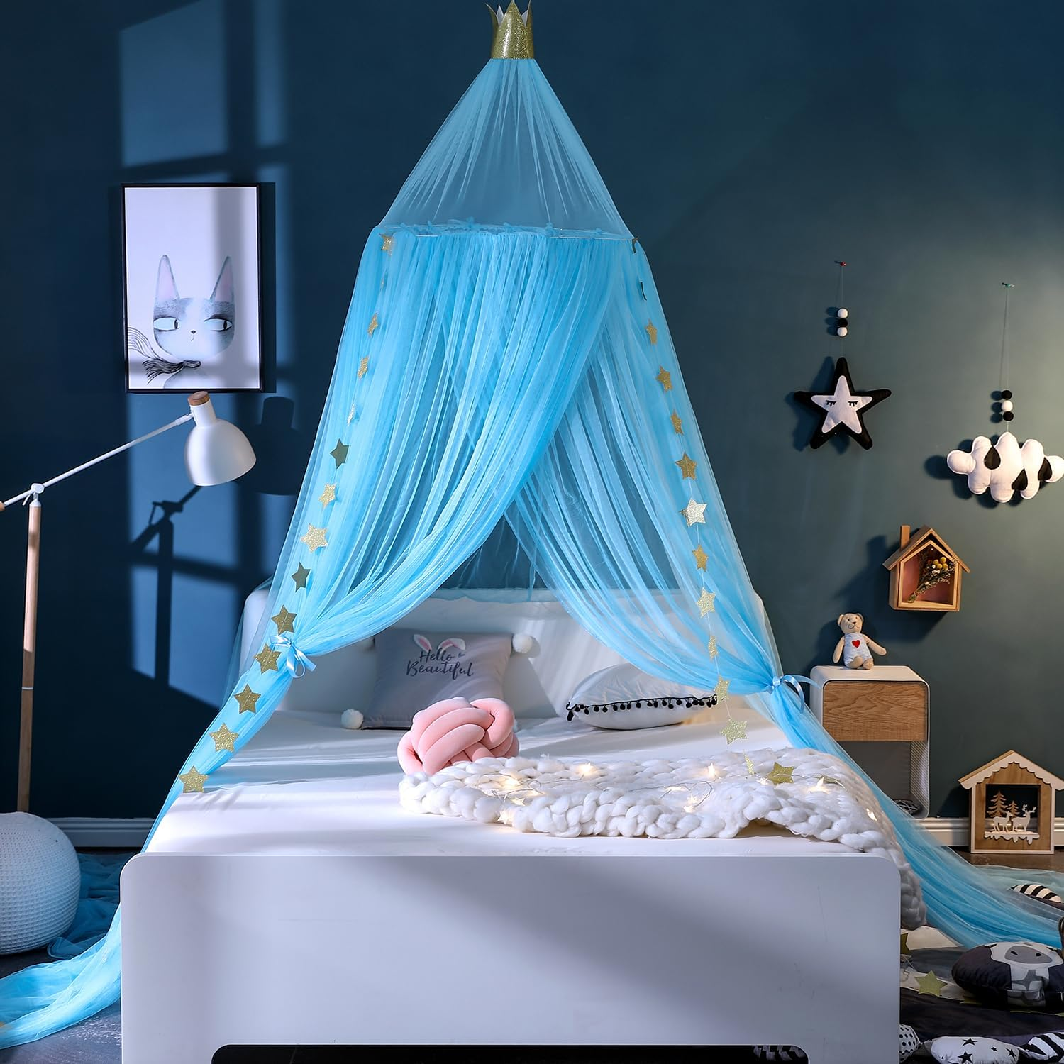 Crown Bed Canopy Mosquito Net with round Dome, Curtain Court Canopy with Stars Decor for Baby Crib, Kid Bed, Play Tent, Children Reading Nook Canopies Indoor, Hanging Bed Net Decoration (White)