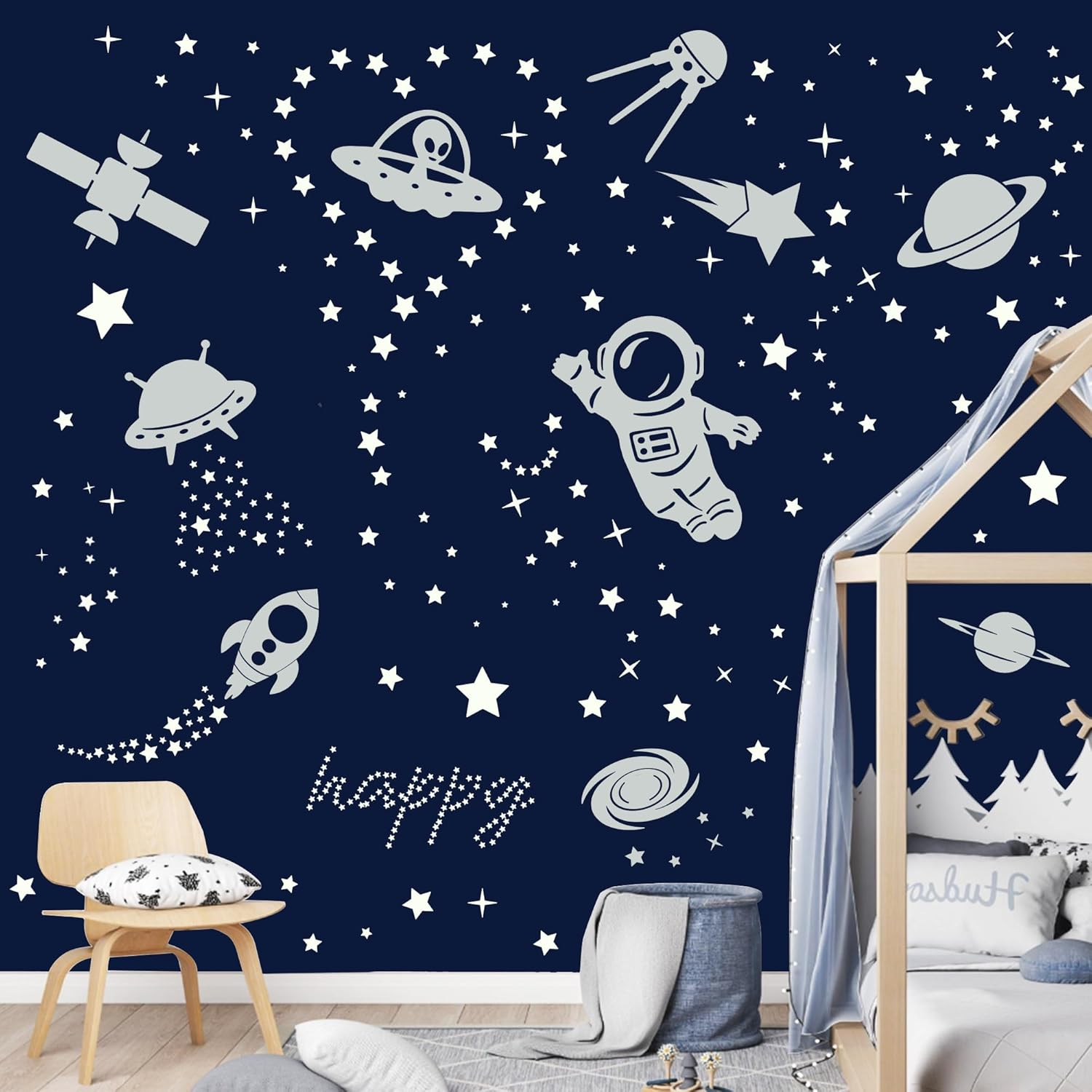 Glow in the Dark Stars Ceiling Space Wall Decals Glow in the Dark Astronaut Universe Galaxy Planet Wall Stickers Glowing Stars for Bedroom Living Room Decor image number 2