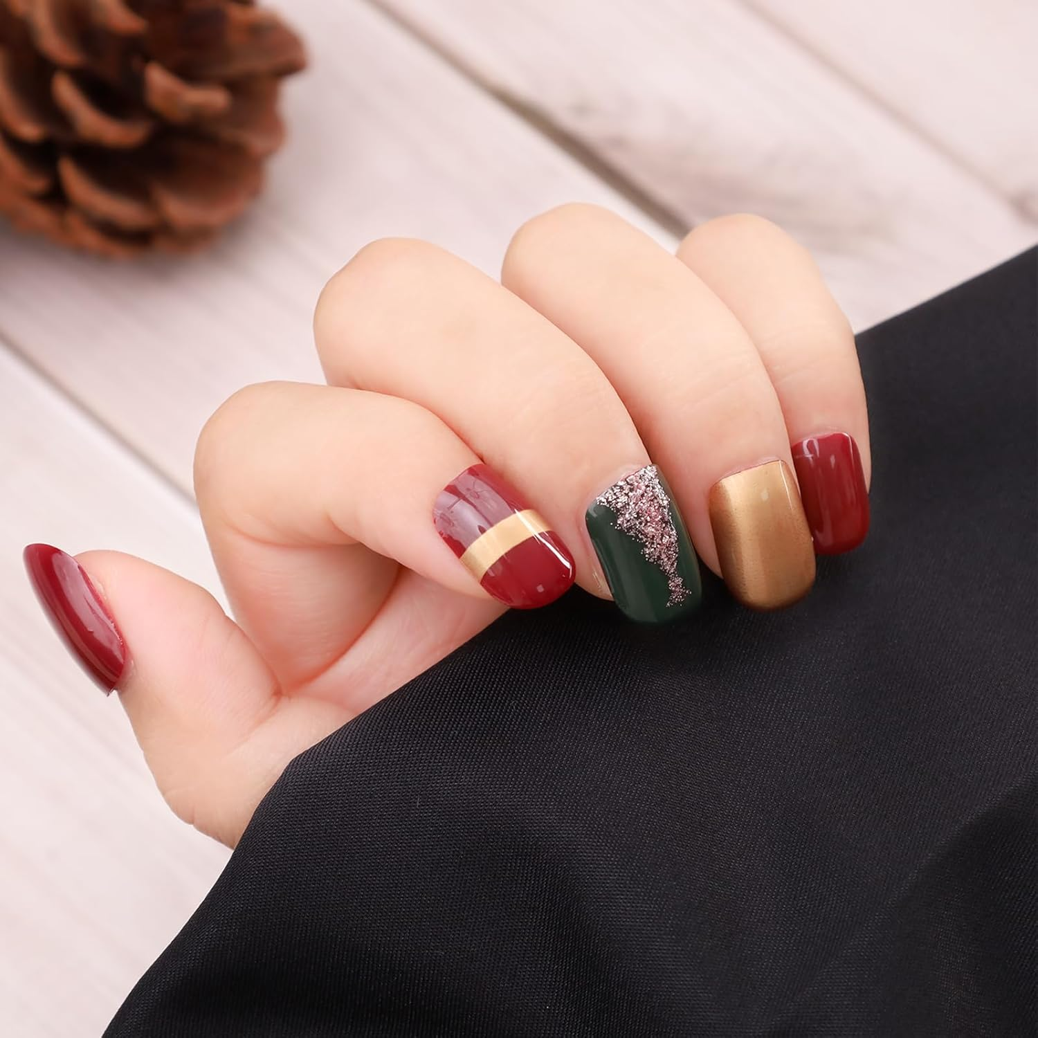 24Pcs Christmas Press on Nails Red French Oval Fake Nails Half Matte Manicure Nail Art Decoration DIY Holiday Party for Women Girls image number 6