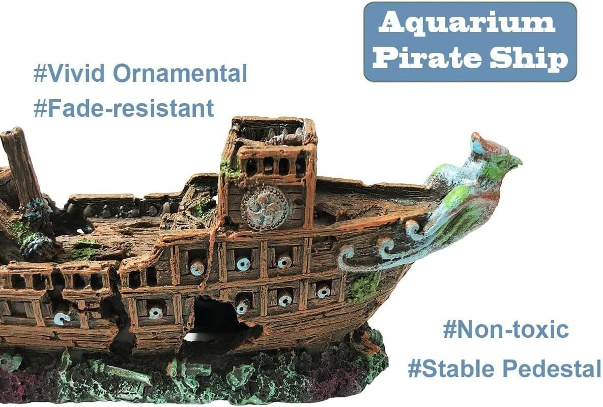 AIMALL Resin Pirate Ship Aquarium Decoration 9.44X3.74X2.55In Sunken Wreck Ornament for Fish Tank Aquascaping Underwater Scene Hideout Decor image number 5